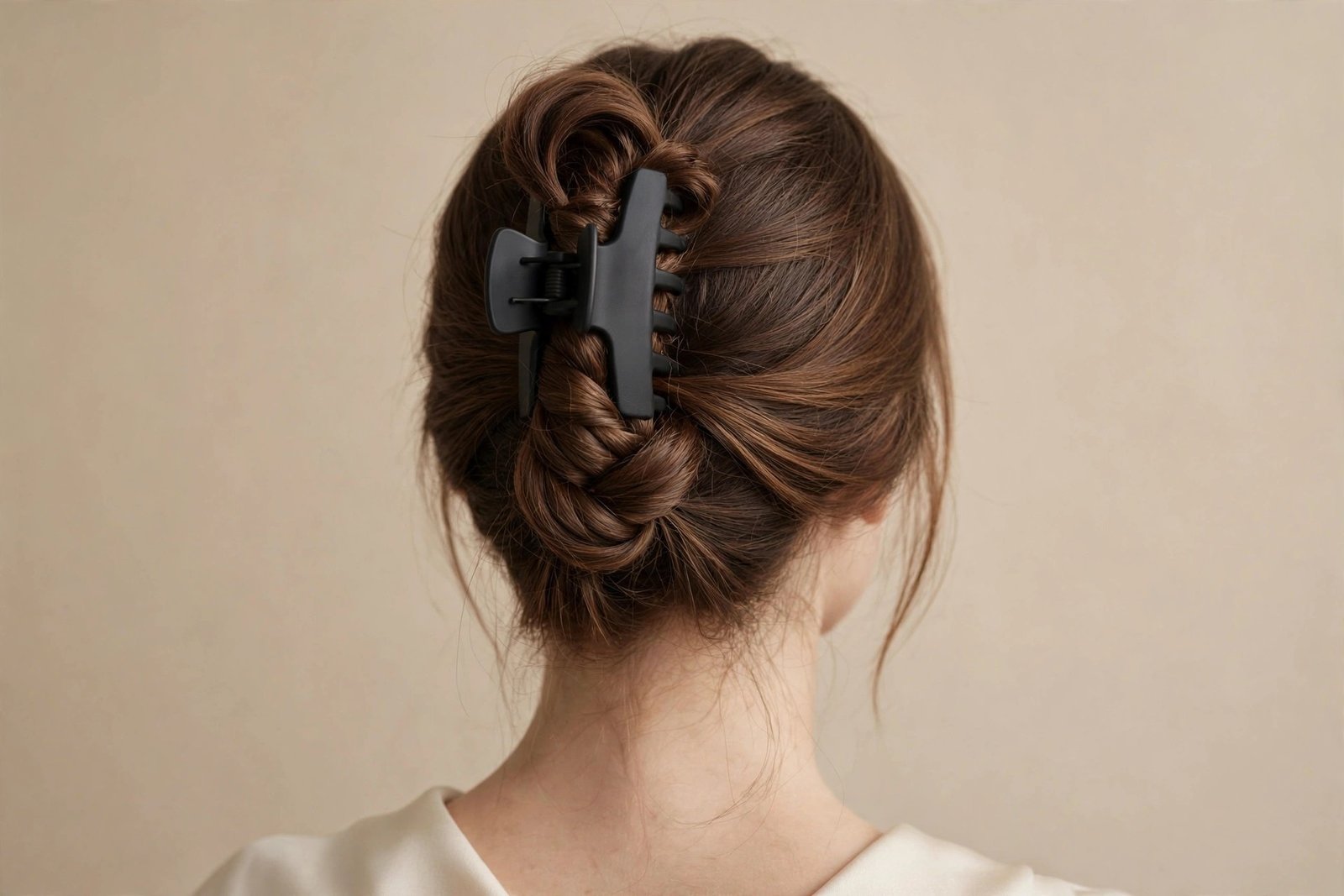 Braid wrapped claw clip hairstyle in chestnut hair, folded braid secured with large matte black claw clip