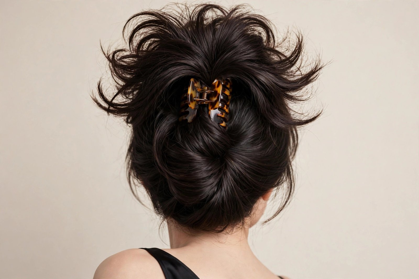 High voluminous twisted claw clip hairstyle in dark glossy hair, large tortoiseshell claw clip, bouncy silhouette