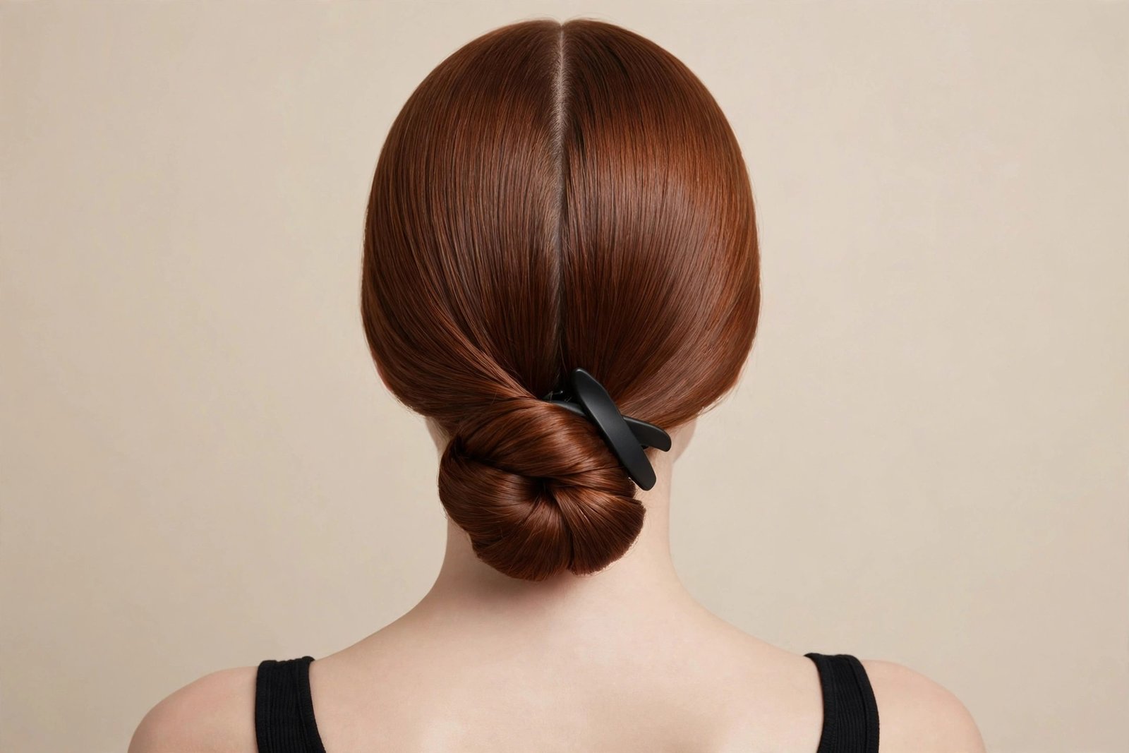 Sleek center-part twisted claw clip hairstyle in auburn hair, matte black claw clip, minimalist polished look