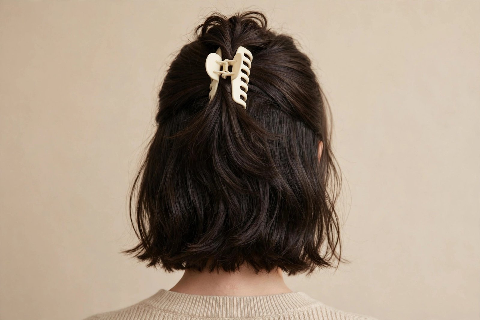 Half-up claw clip hairstyle on a dark chin-length bob, medium cream claw clip, cute editorial look