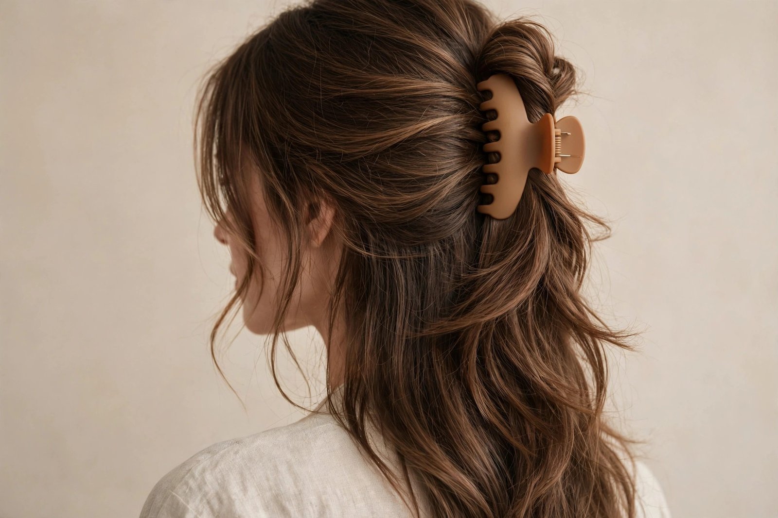 Soft romantic twisted claw clip hairstyle in layered brown hair, matte caramel claw clip, face-framing strands