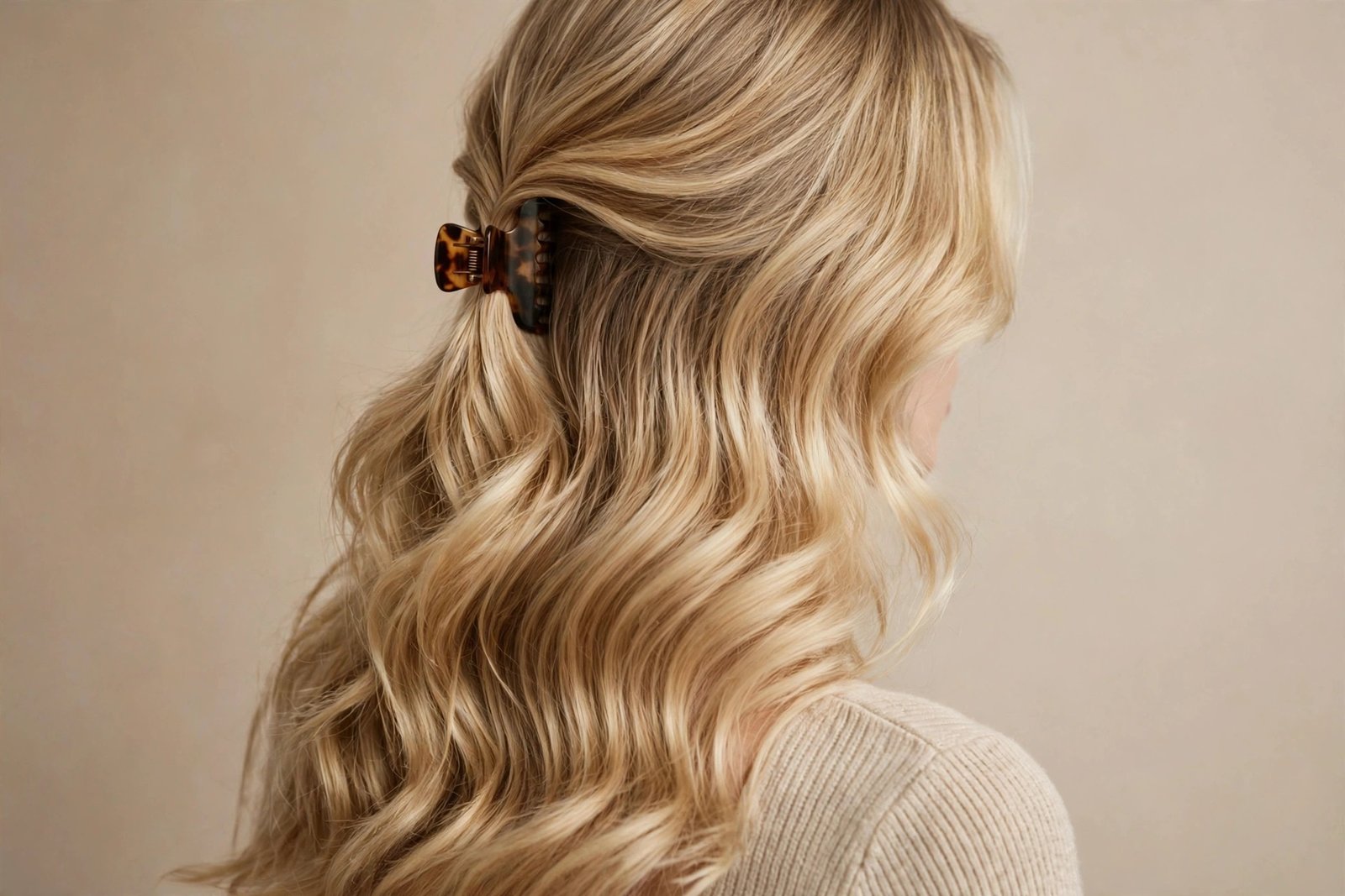 Side-swept claw clip hairstyle in blonde hair, medium tortoiseshell clip behind the ear, cascading waves
