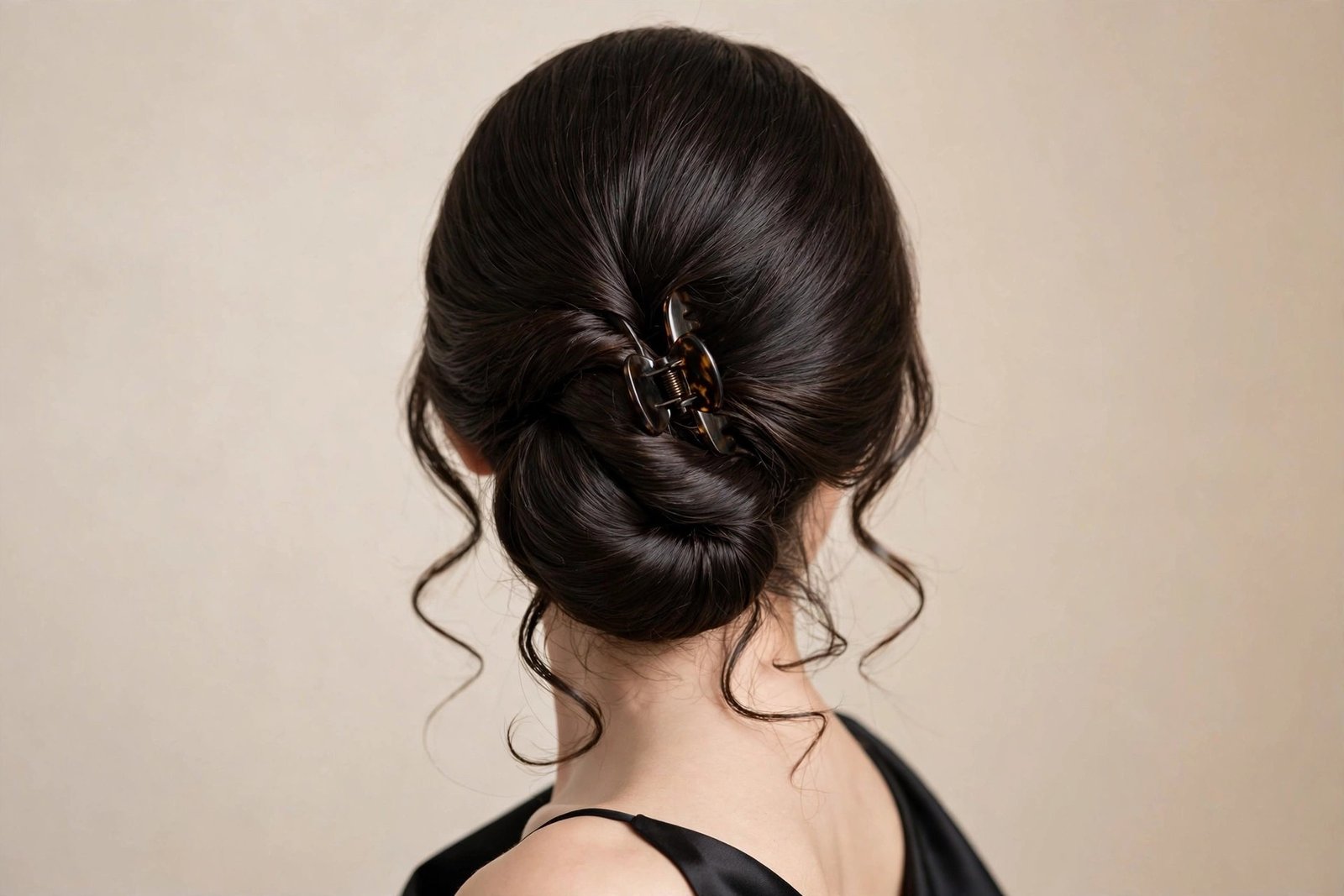 Elegant bridal evening twisted claw clip updo in dark glossy hair, refined tortoiseshell claw clip, formal finish