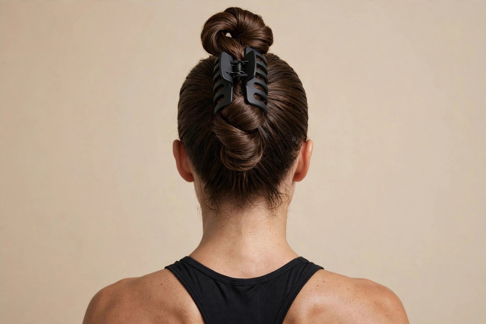 Secure sporty high twisted claw clip hairstyle in thick brown hair, large matte black claw clip, workout-ready