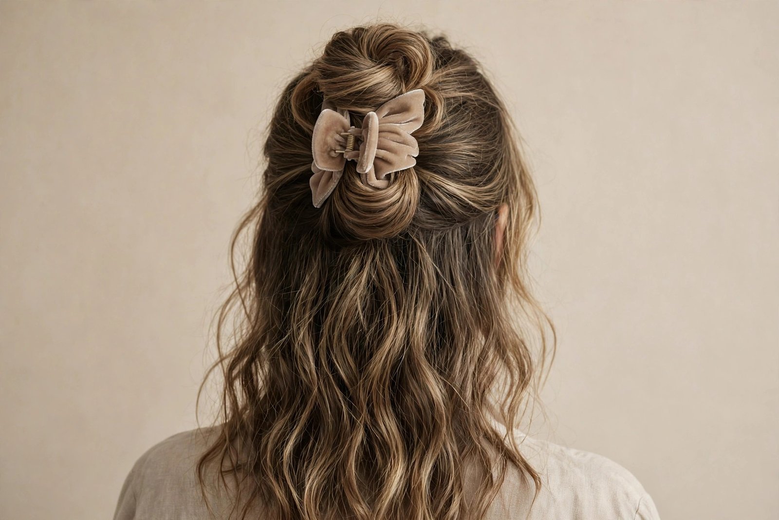 Overnight heatless coil claw clip hairstyle in wavy dark-blonde hair, large soft velvet-style claw clip, relaxed texture