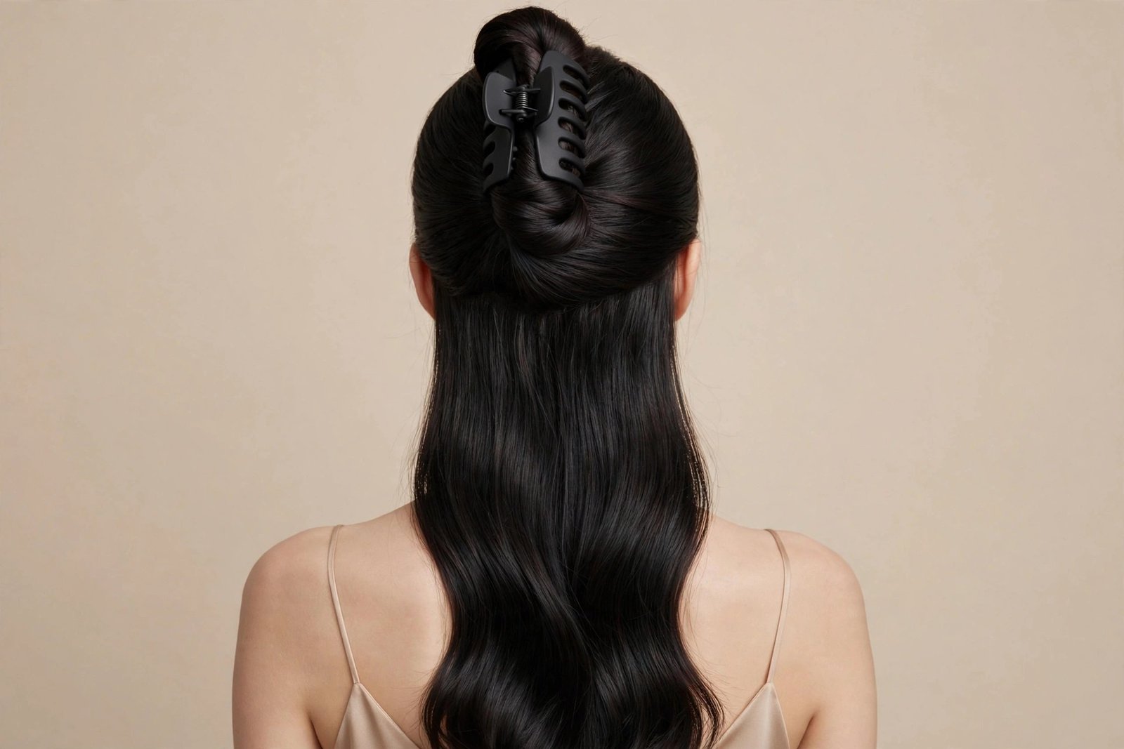 Elegant high twisted claw clip updo in black hair, large matte black claw clip, polished timeless finish