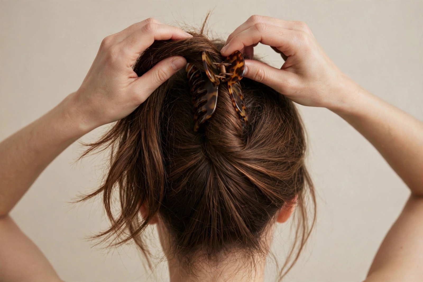 Hands twisting long brown hair into a claw clip, demonstrating the claw clip styling technique, editorial photography