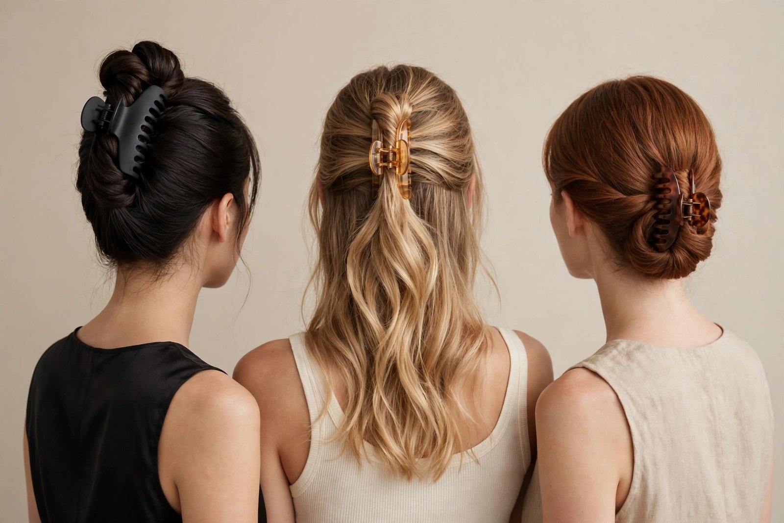 Three women showing different claw clip hairstyles — high twist, half-up clip, and low chignon, editorial hair photography