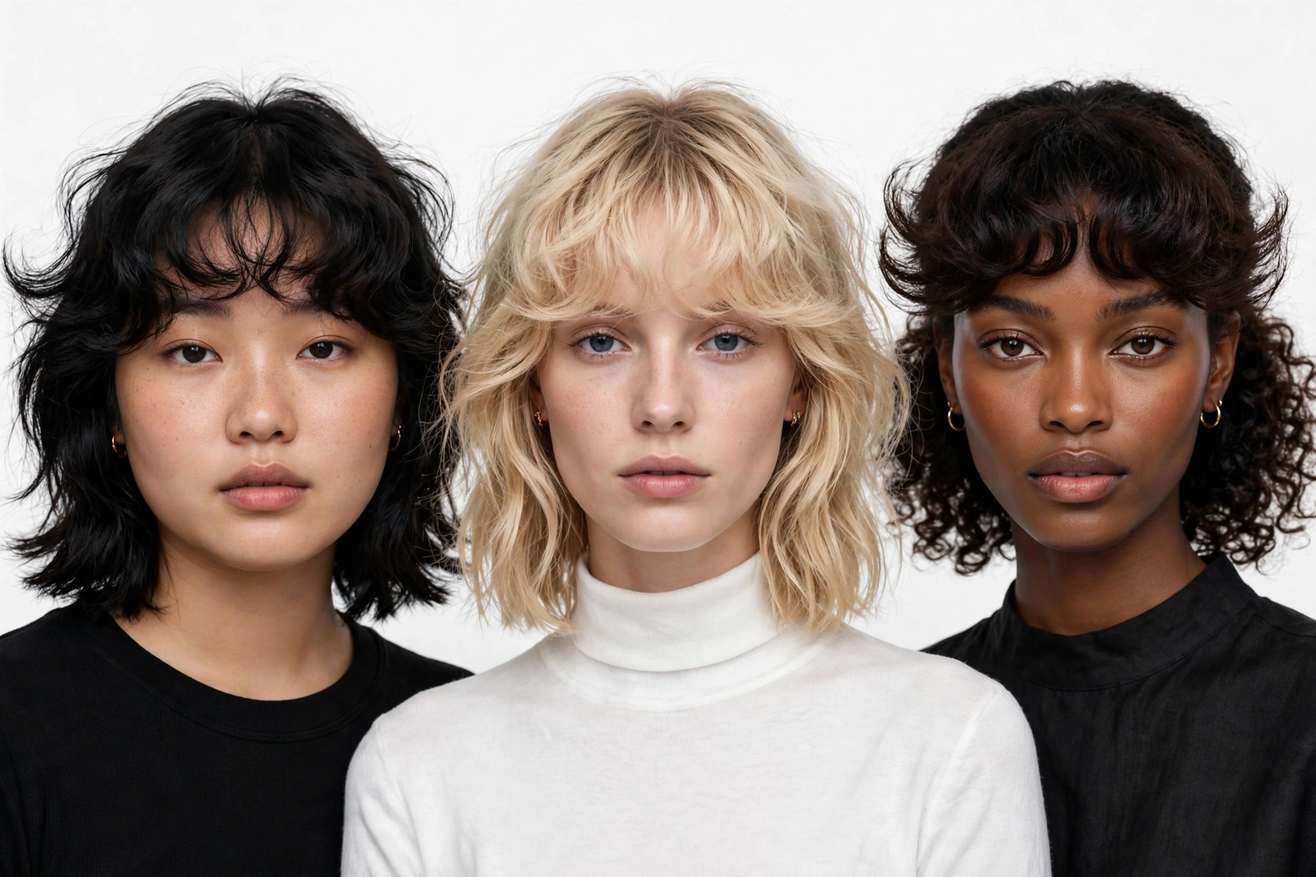 three female models with different face shapes wearing cloud bangs, studio lighting