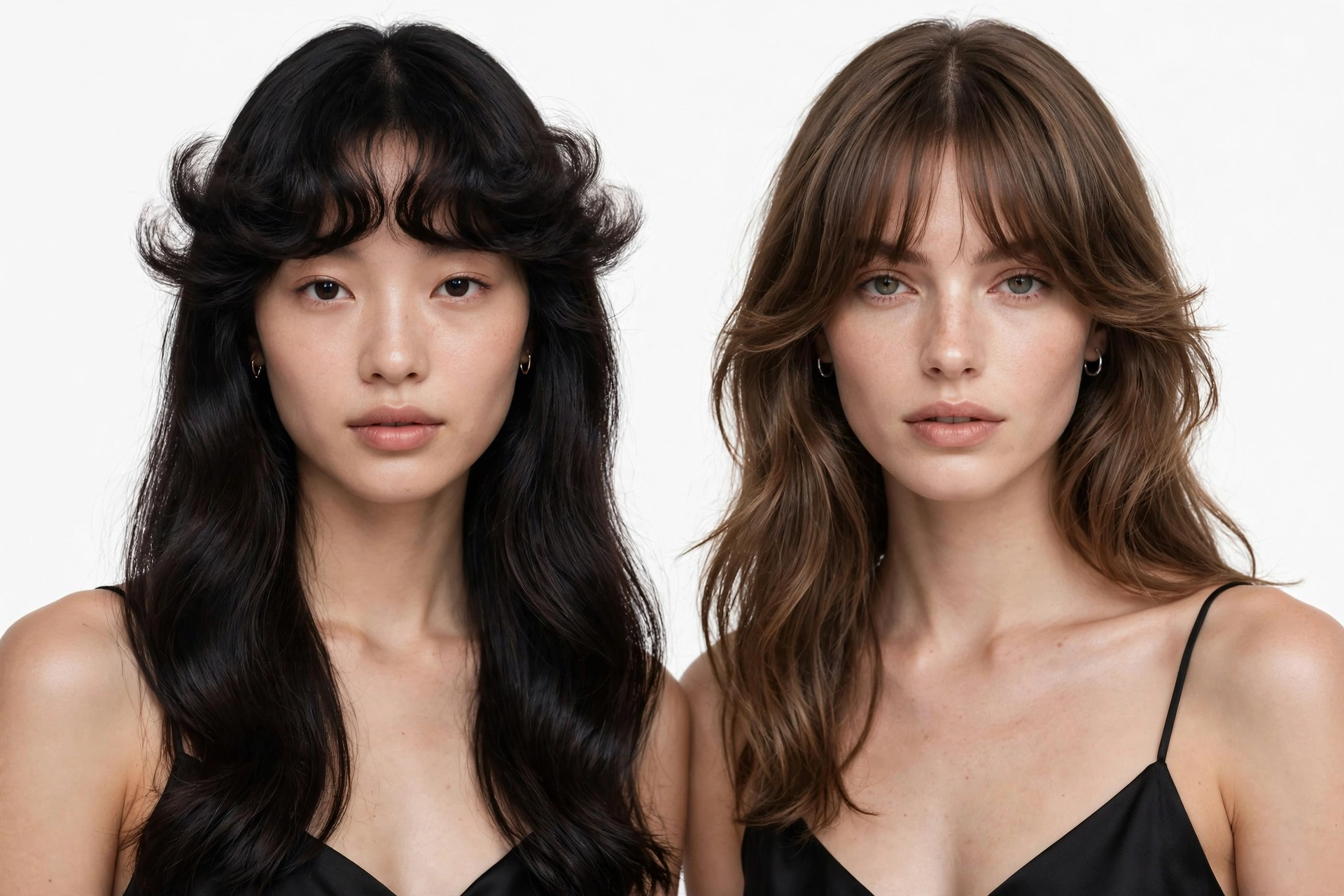 side-by-side comparison of cloud bangs and curtain bangs on two women