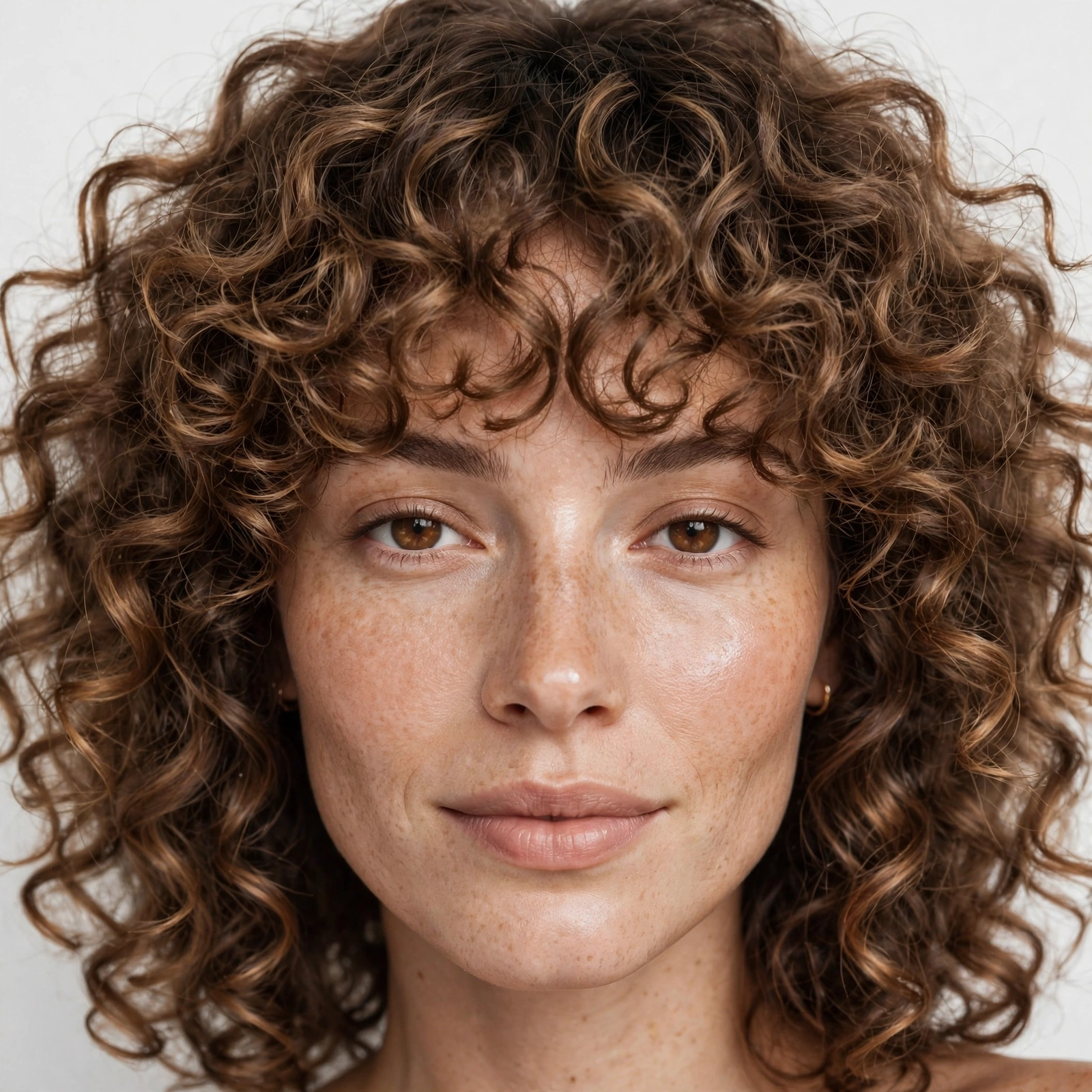 close-up of curly cloud bangs on female model, defined texture