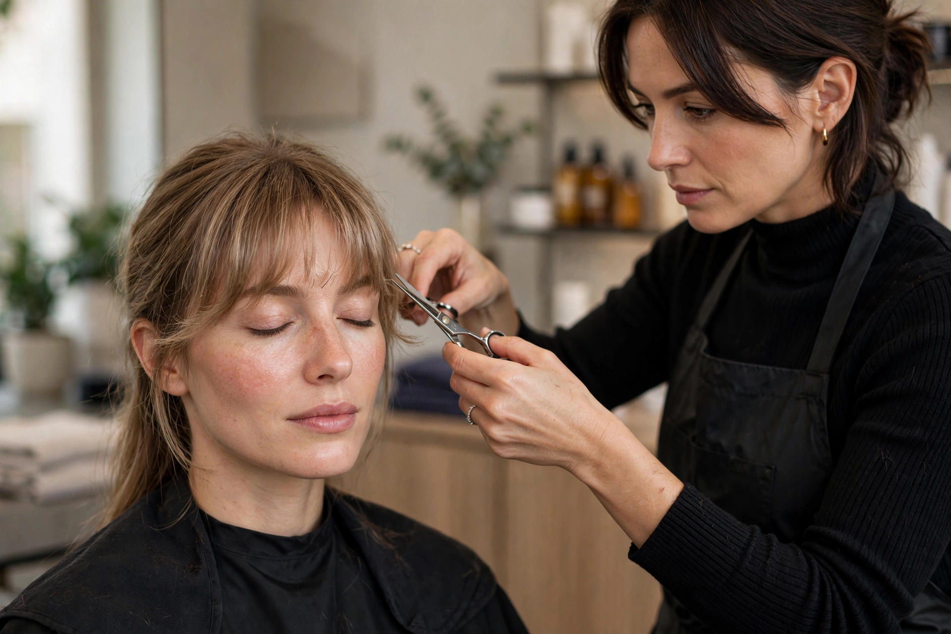 stylist dusting the ends of wispy bangs, quick salon trim