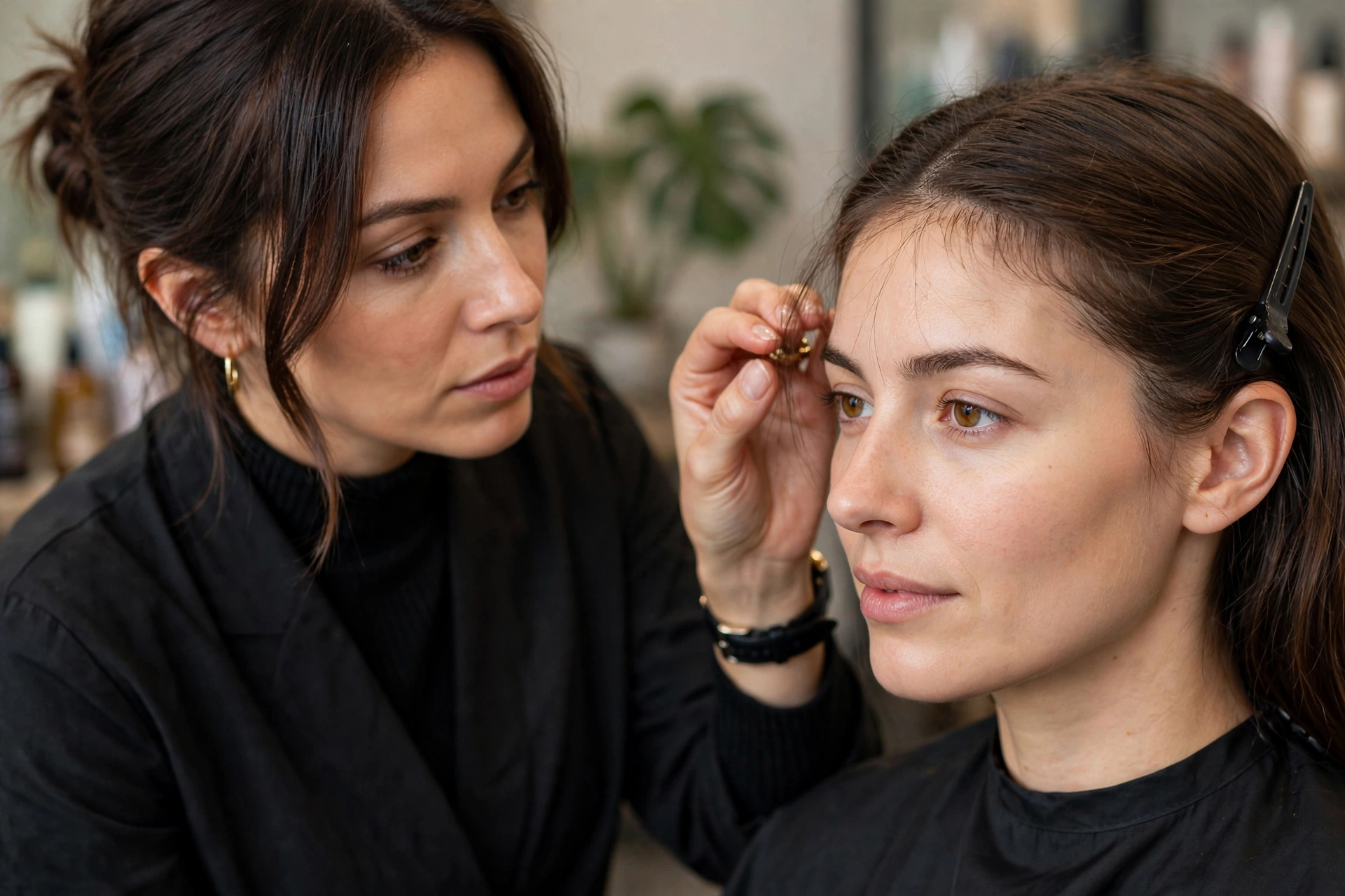 stylist examining hairline growth patterns before cutting wispy bangs