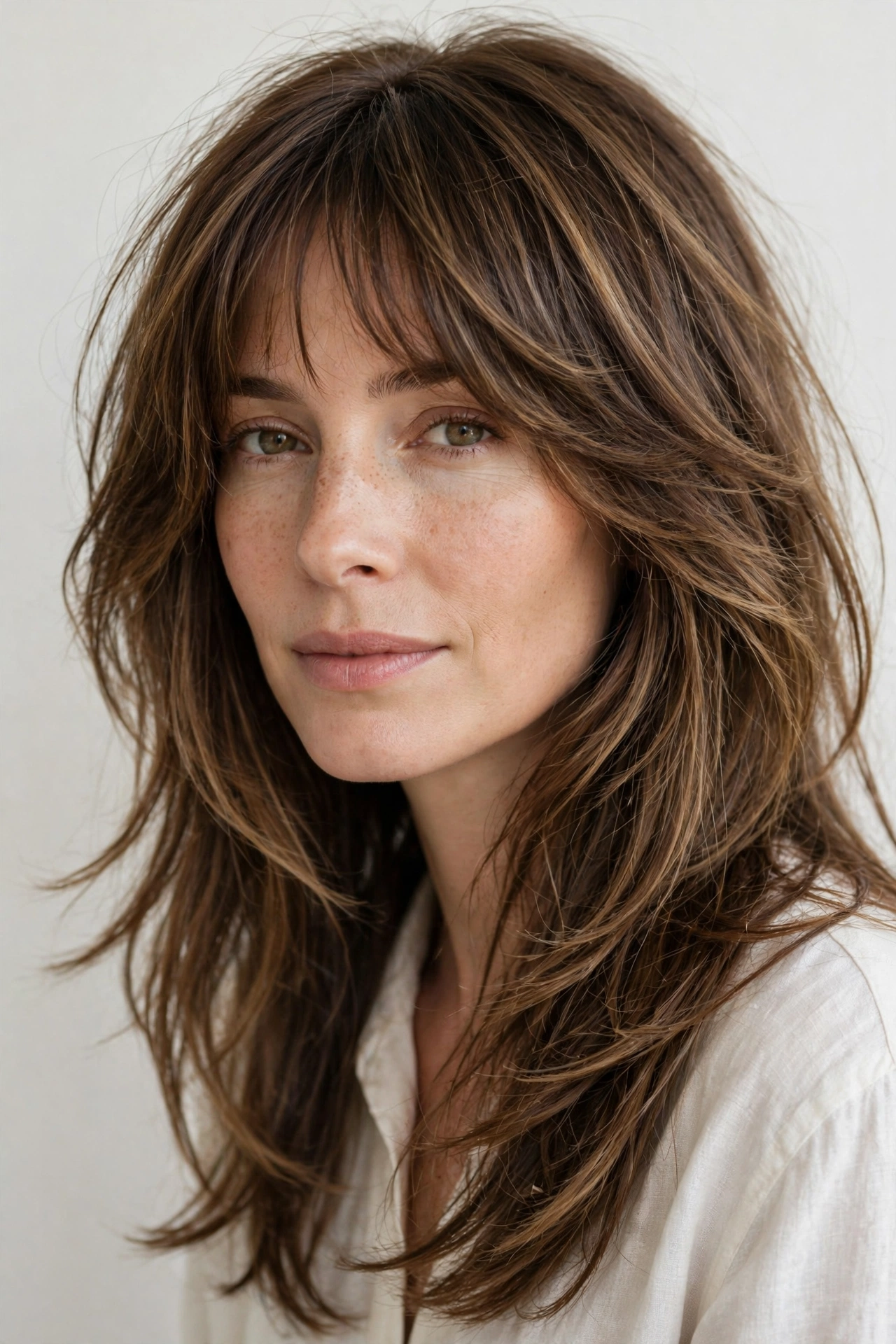 female model with grown-out wispy bangs blending into long layers, natural transition