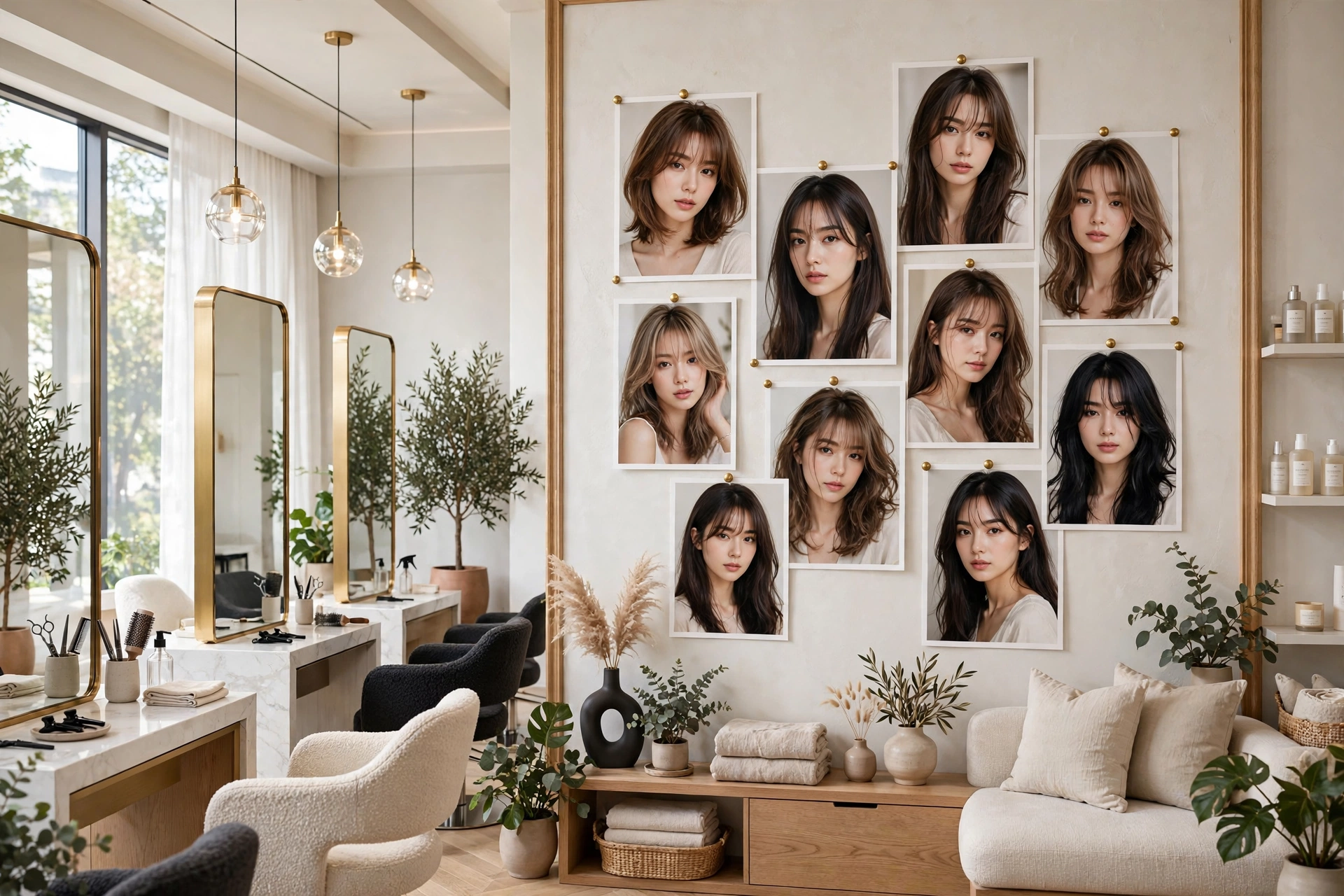 salon interior with wispy bangs style inspiration wall, bright modern decor