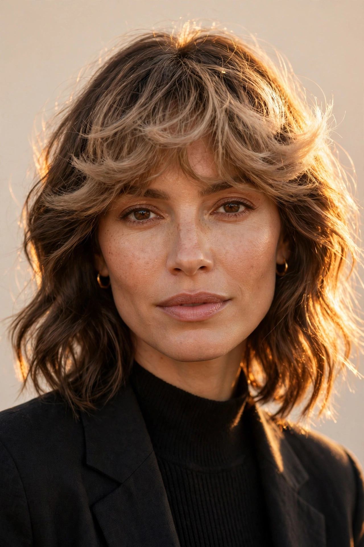 confident female model with cloud bangs, golden hour portrait, premium photography
