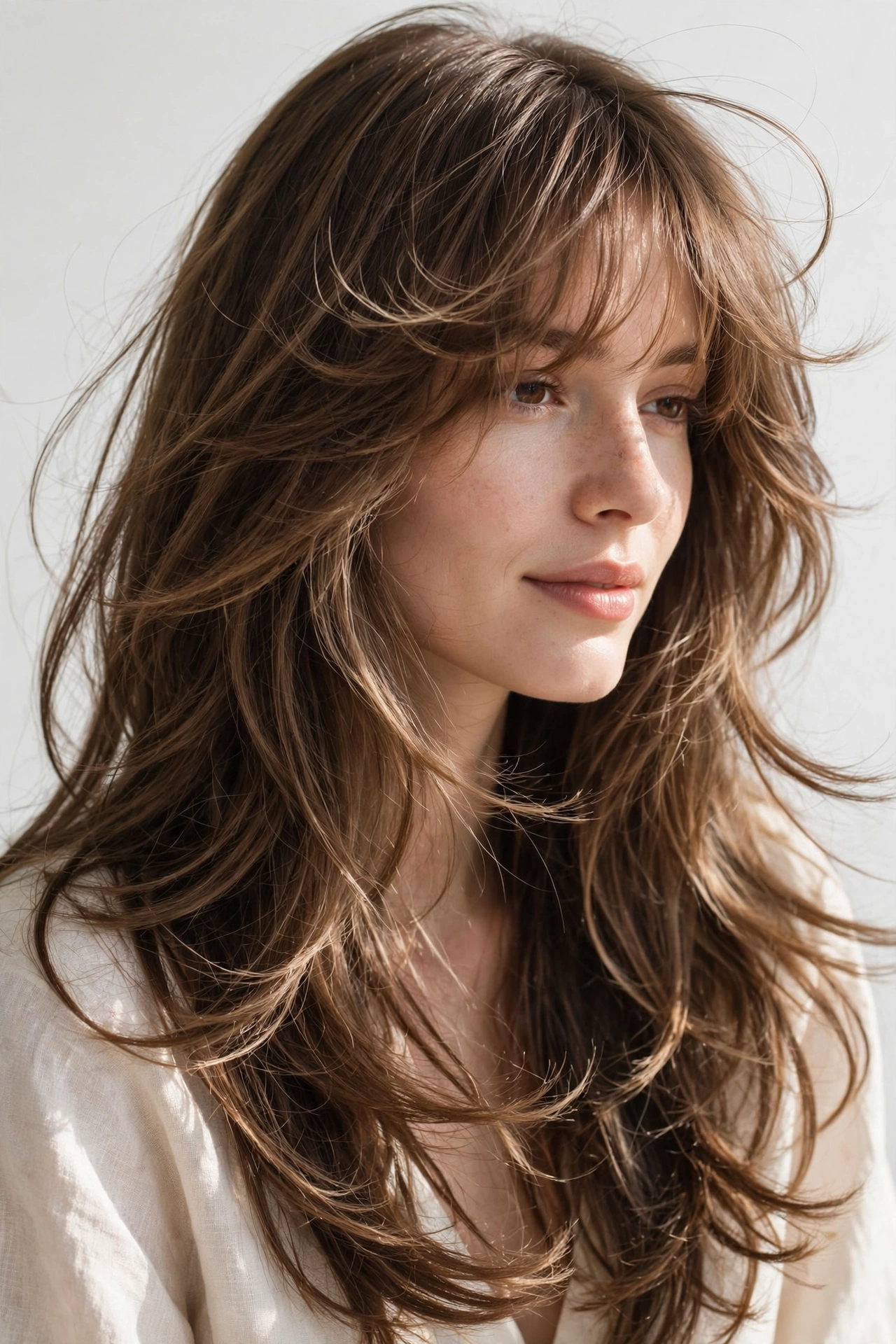 female model with classic cloud bangs and long layered hair, soft natural light
