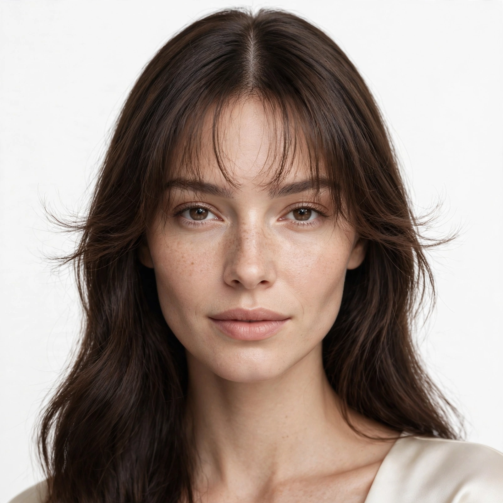 female model with middle-parted wispy cloud bangs, symmetrical airy fringe