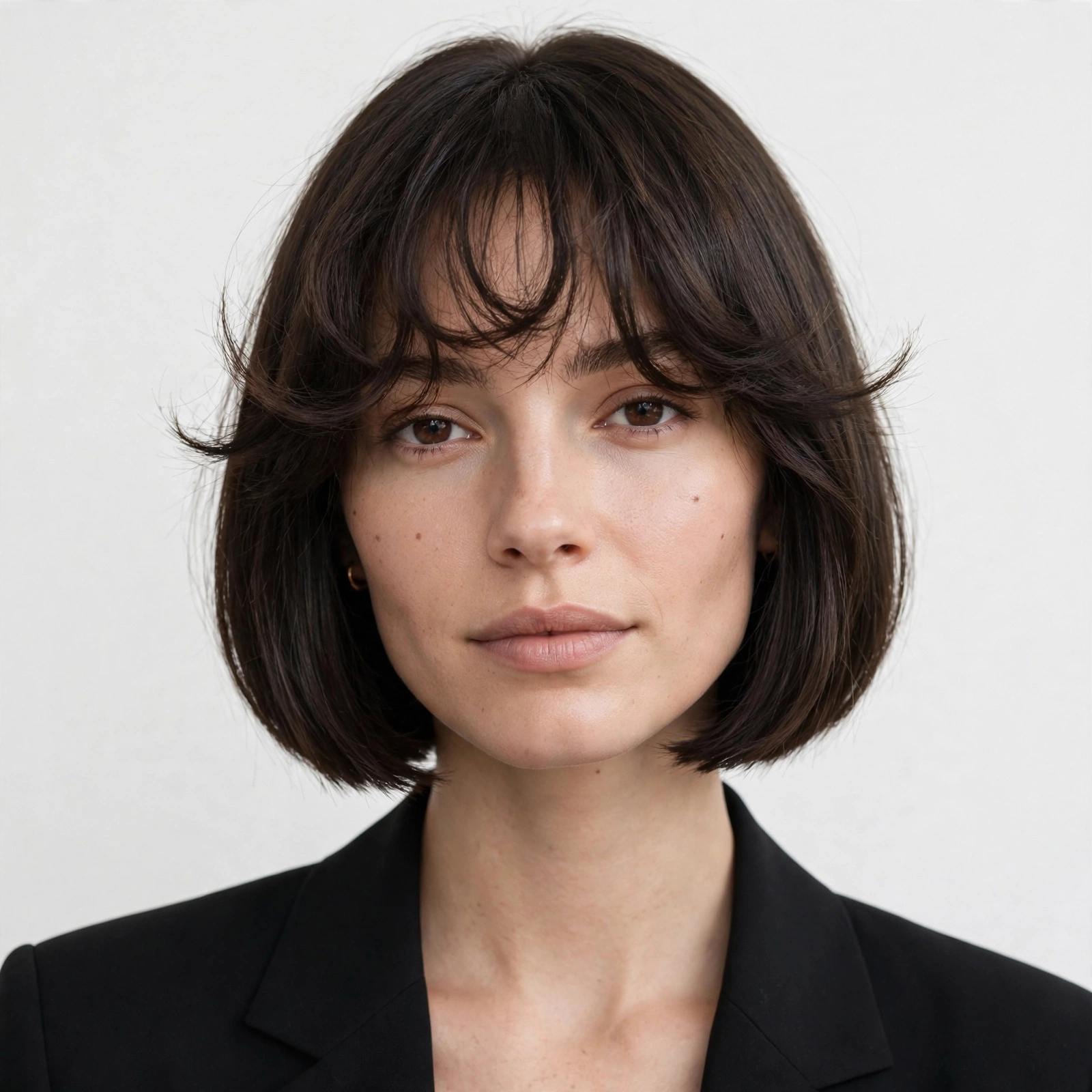 female model with chin-length bob and wispy cloud bangs, modern salon style