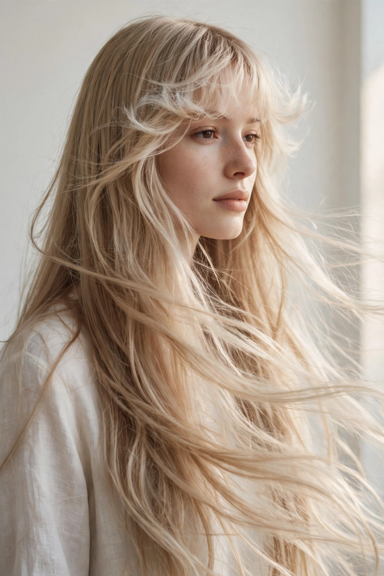 female model with very long hair and delicate cloud bangs, flowing premium photography