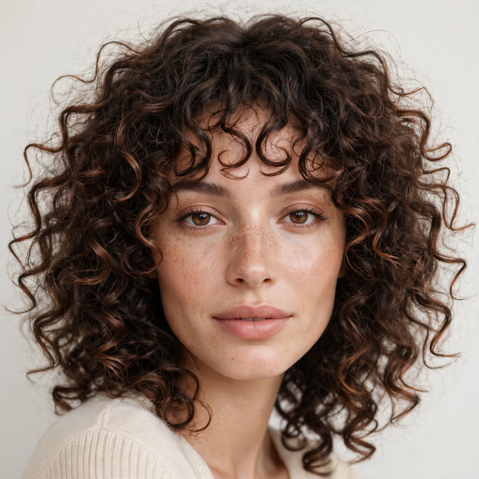 female model with curly hair and wispy curly cloud bangs, natural texture