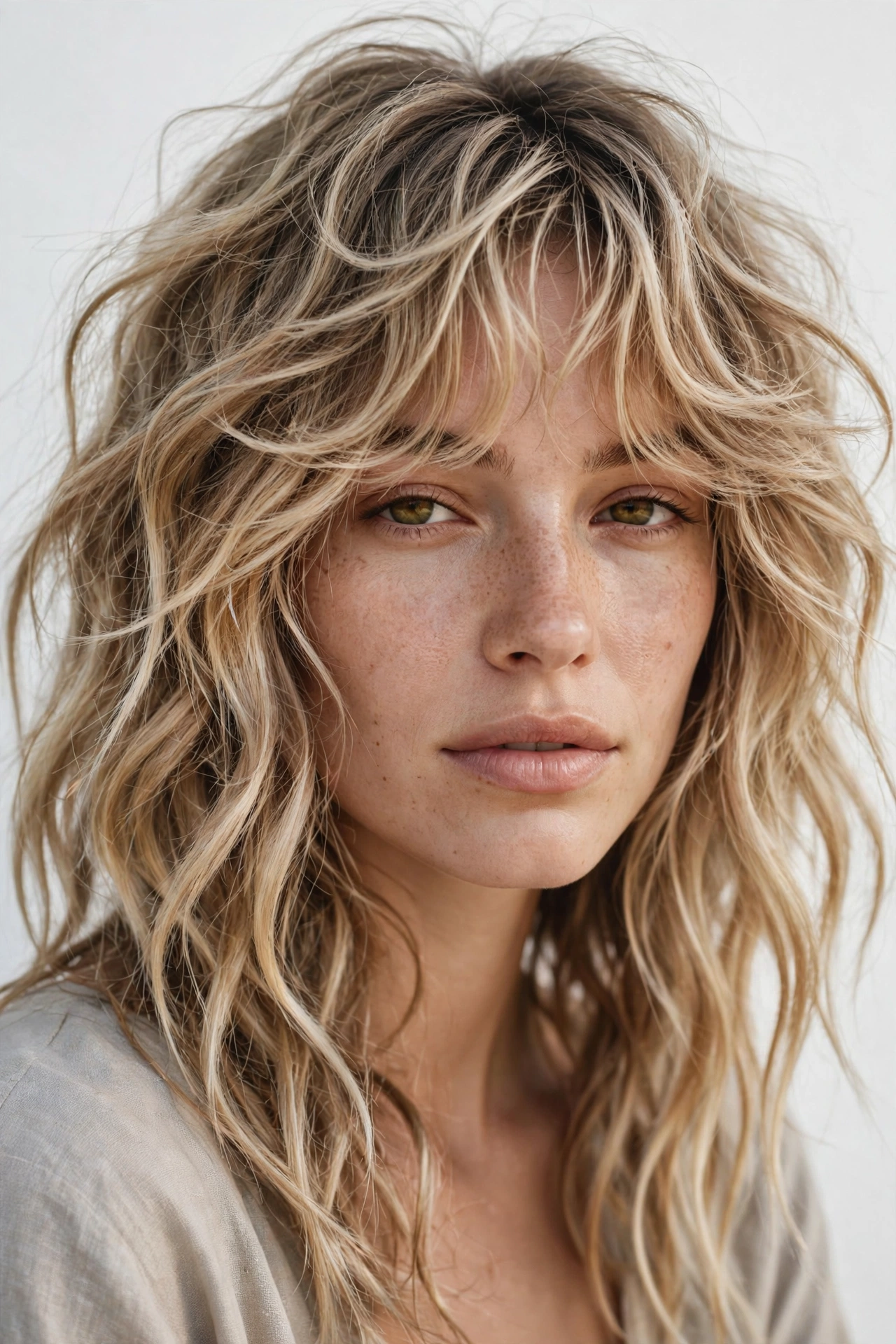 female model with wavy hair and airy cloud bangs, beachy natural texture