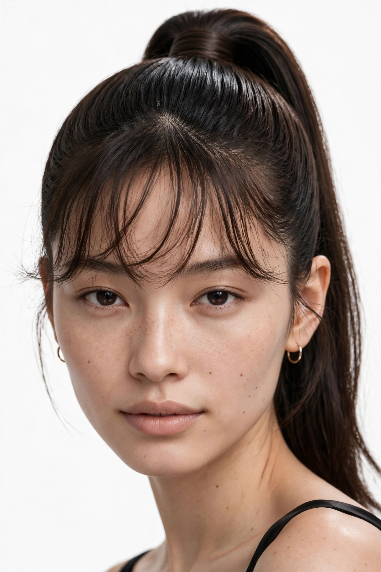 female model with high ponytail and wispy cloud bangs, elegant styling