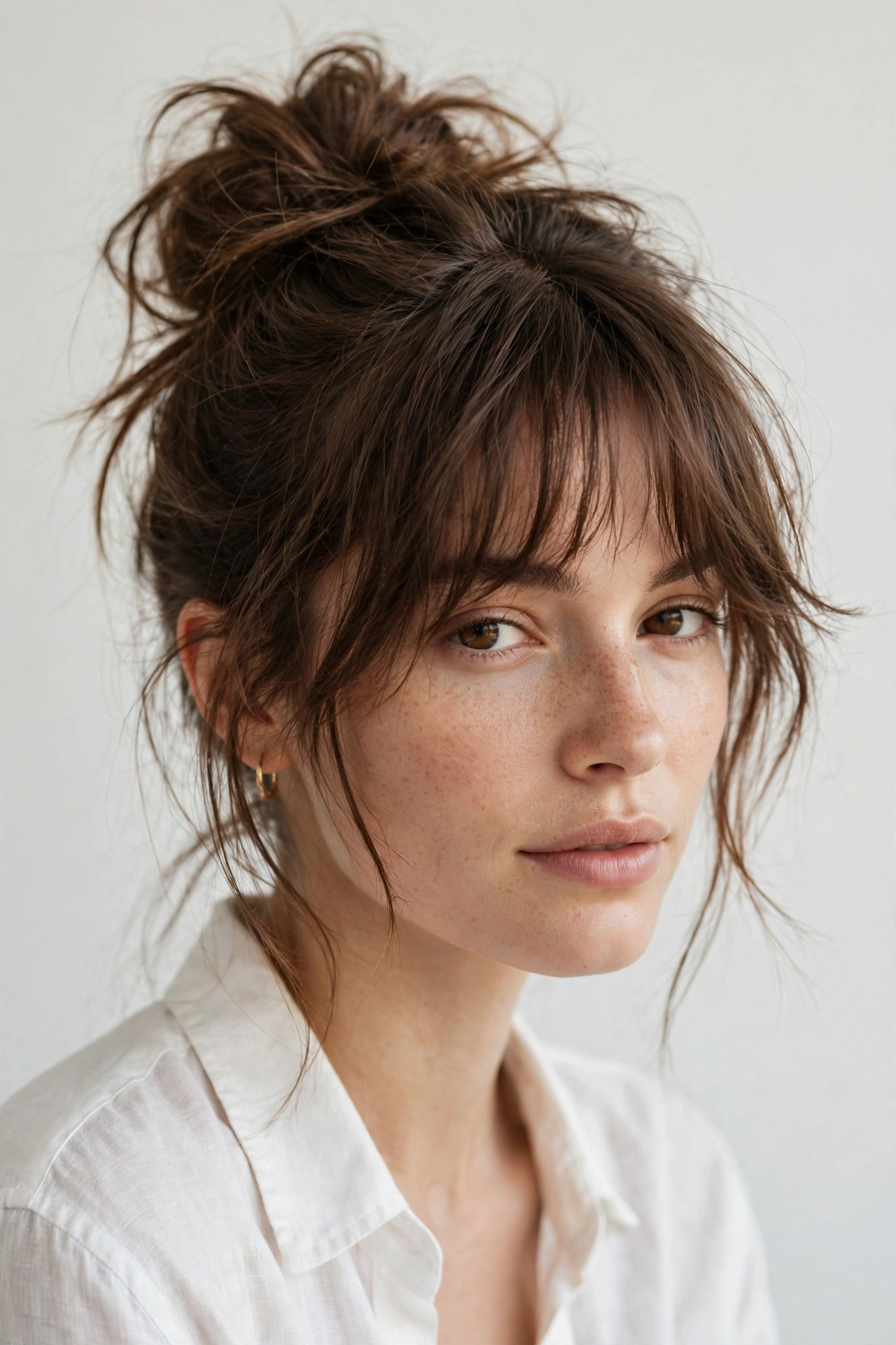female model with messy bun and delicate cloud bangs, casual chic style