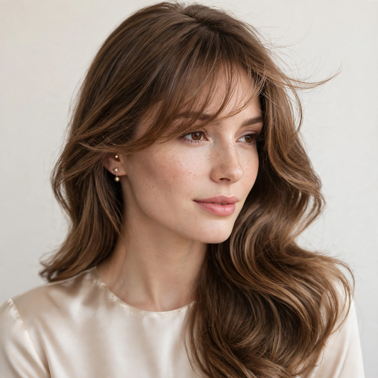 female model with side-swept wispy cloud bangs, elegant asymmetric fringe