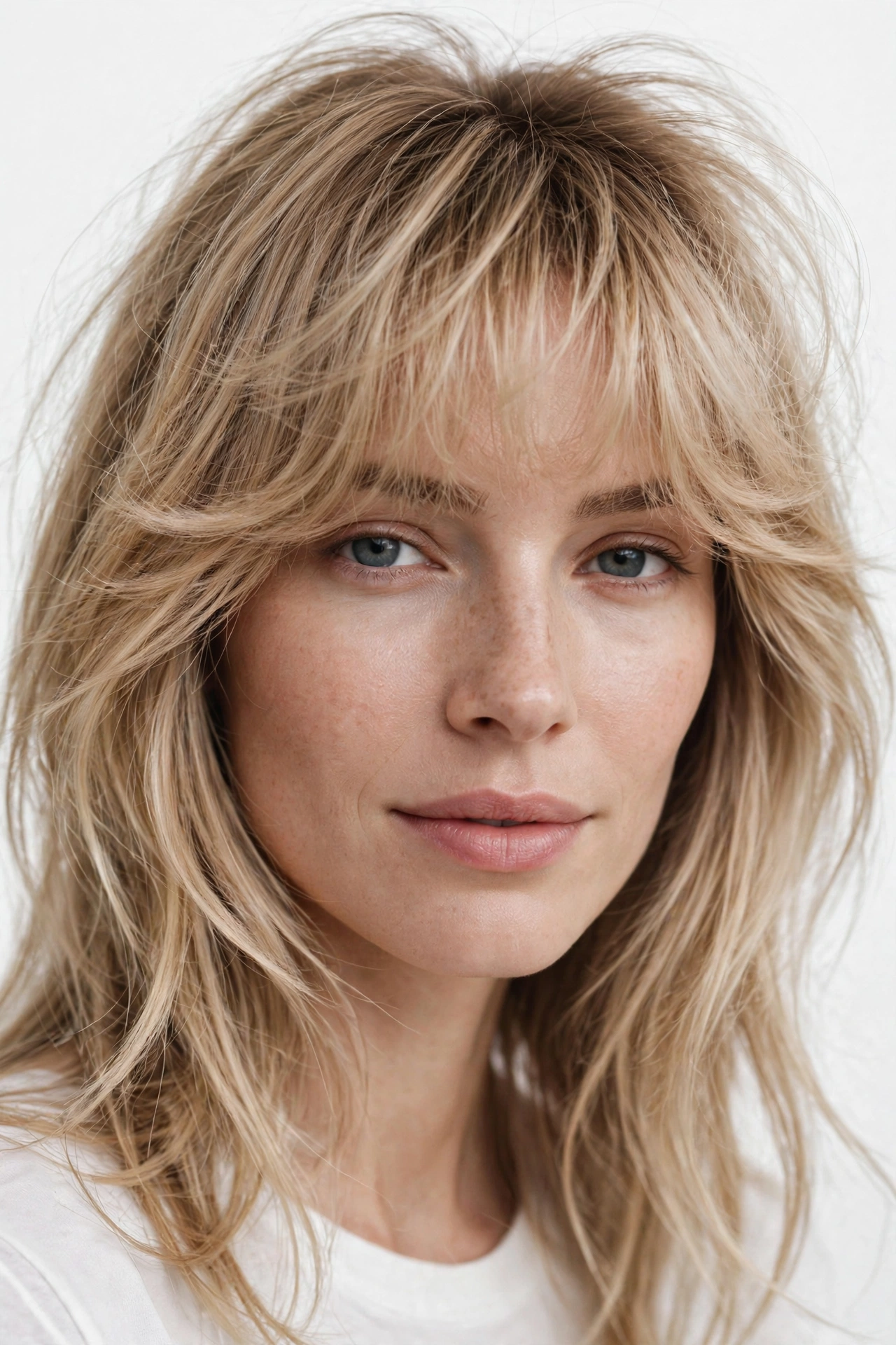 female model with fine hair wearing airy cloud bangs, delicate volume