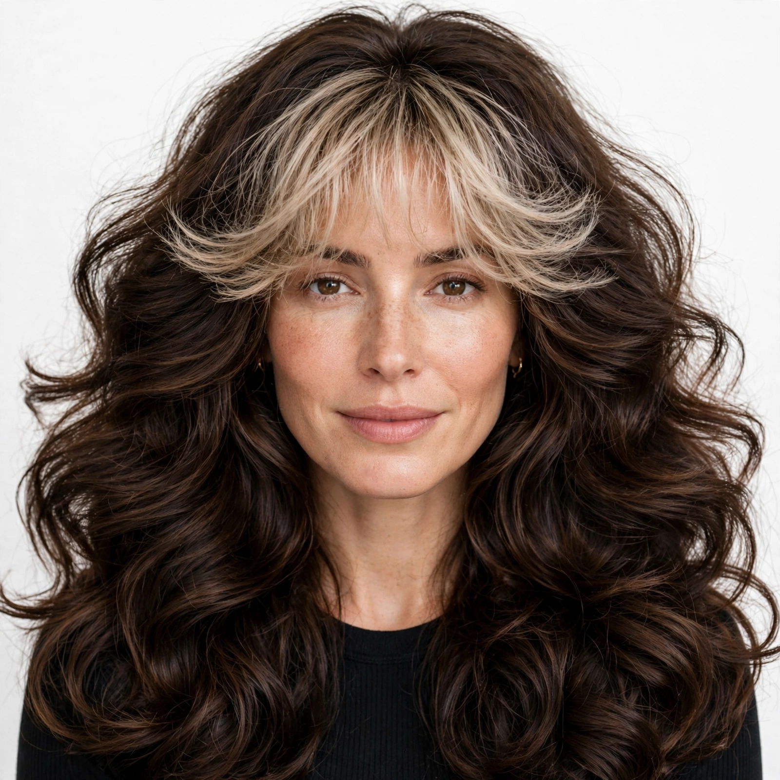 female model with thick hair and light wispy cloud bangs, balanced style