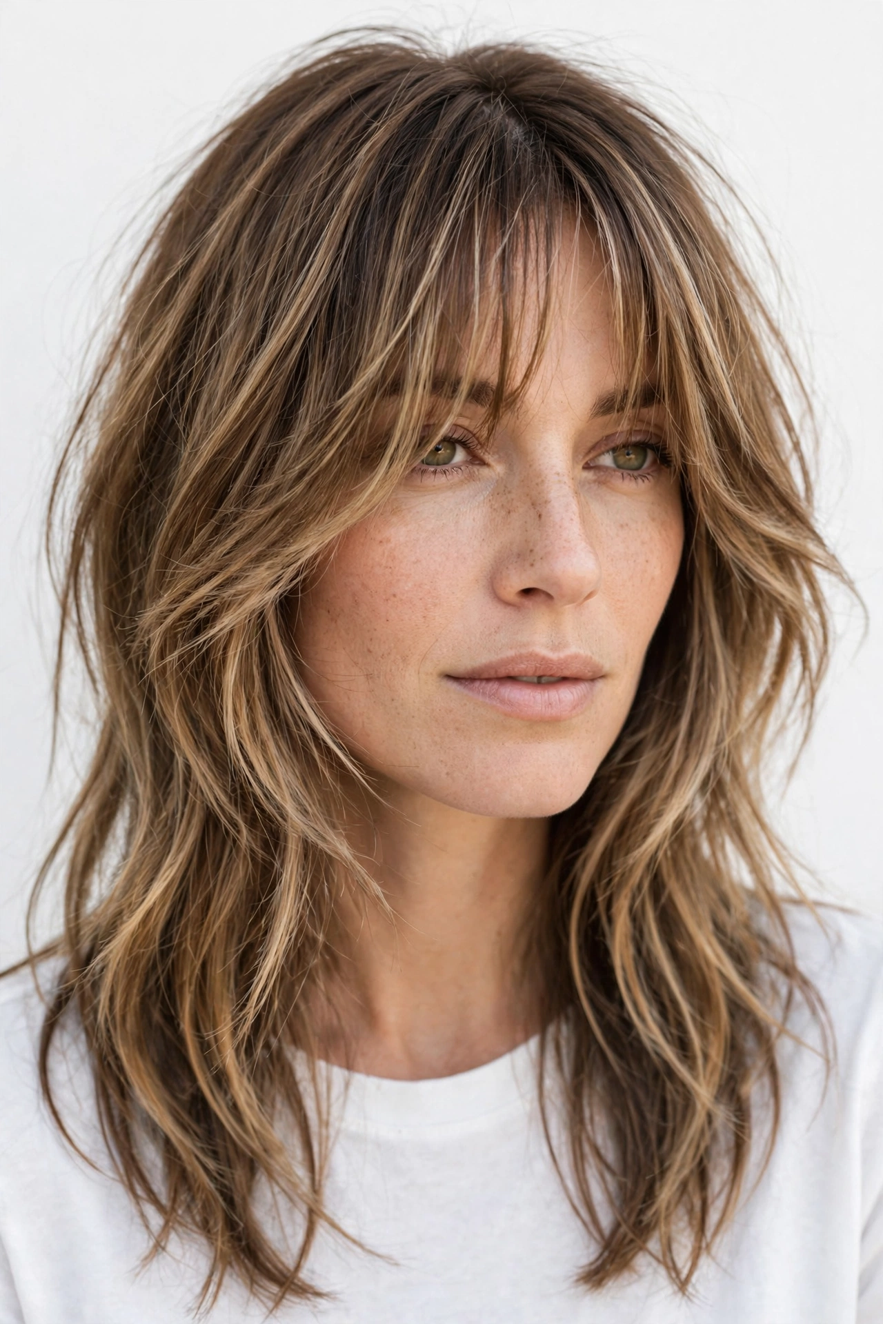 female model with grown-out wispy bangs blending into face-framing layers