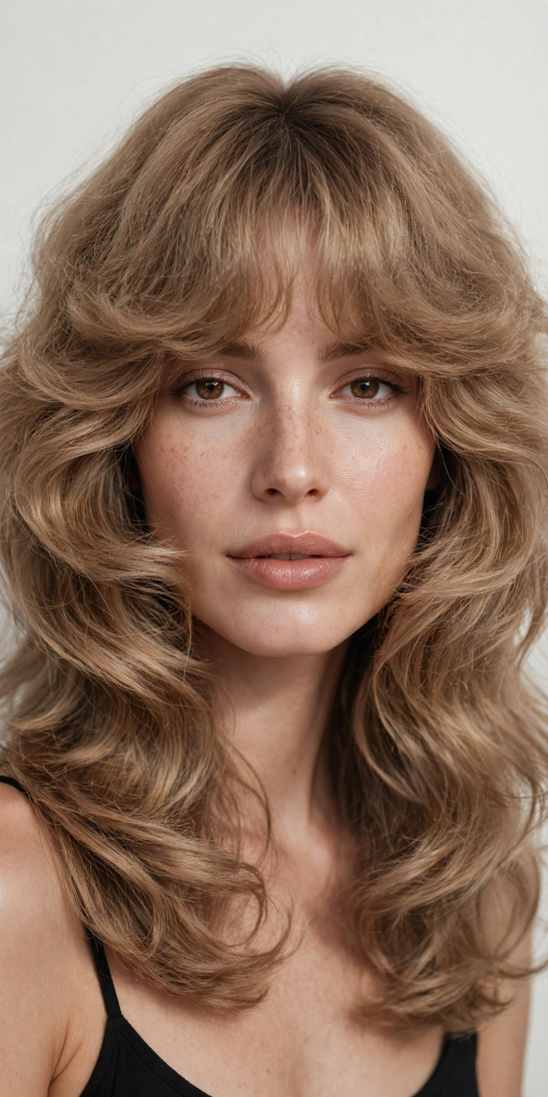 female model with cloud bangs flowing into face-framing layers, seamless blend