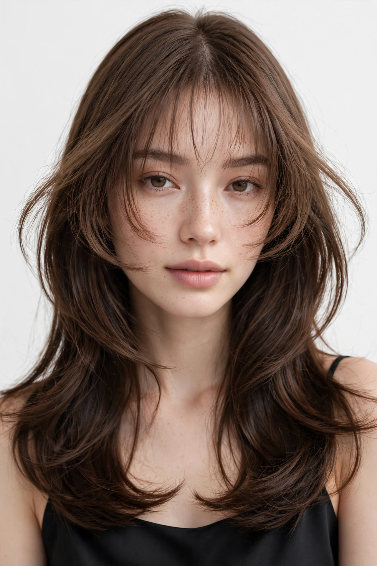 female model with bottleneck-style wispy bangs, narrow at top widening at cheekbones
