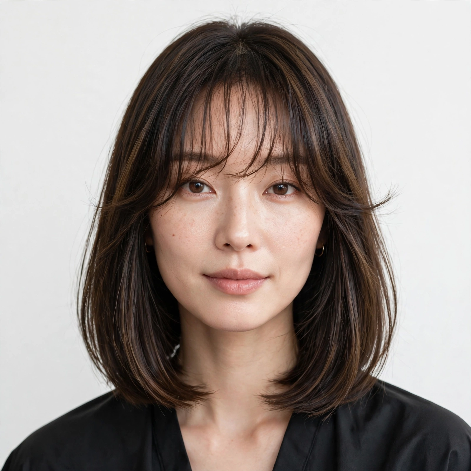 female model with long bob haircut and wispy cloud bangs, contemporary style