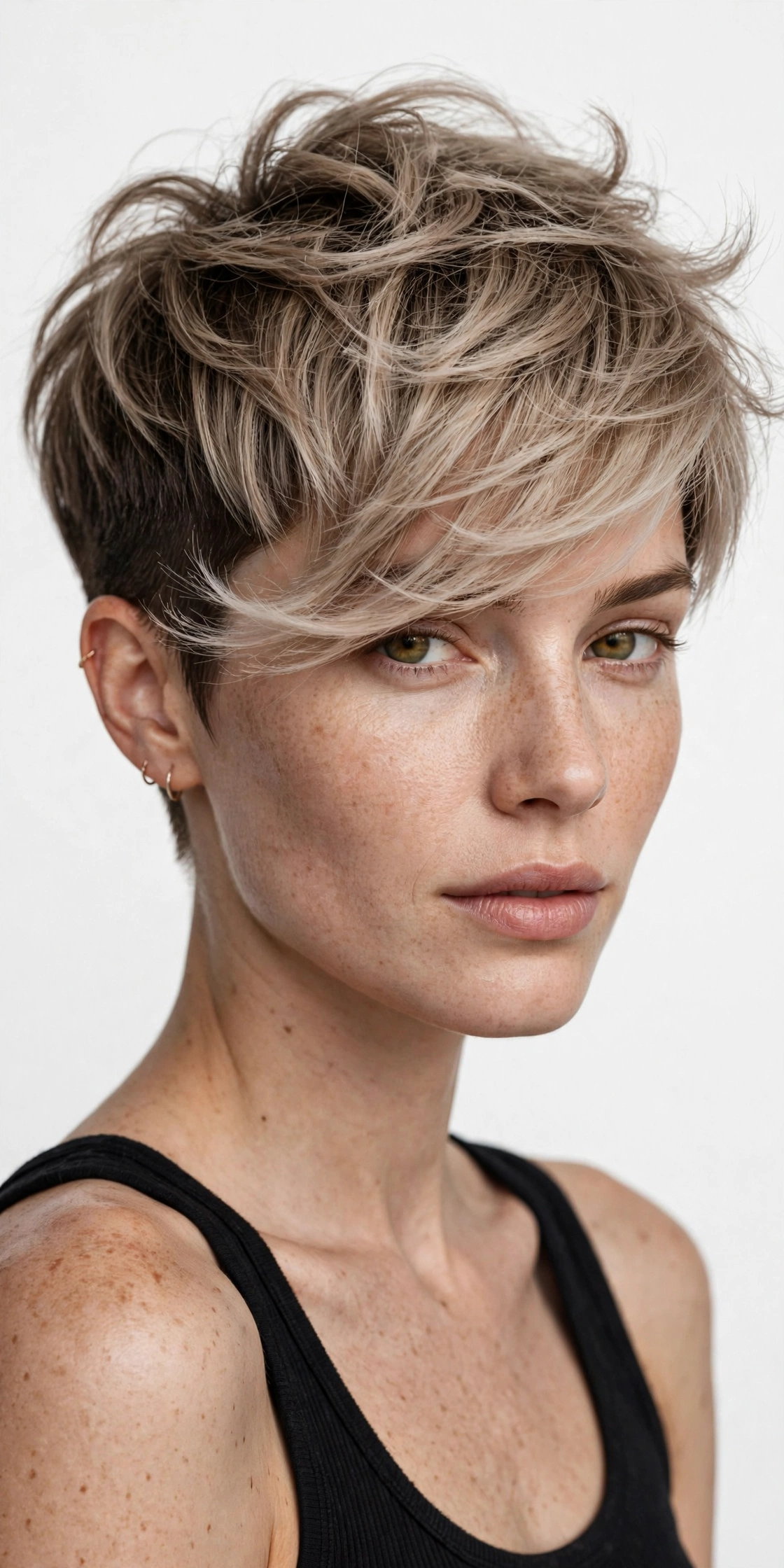 female model with pixie cut and soft wispy fringe, edgy feminine style