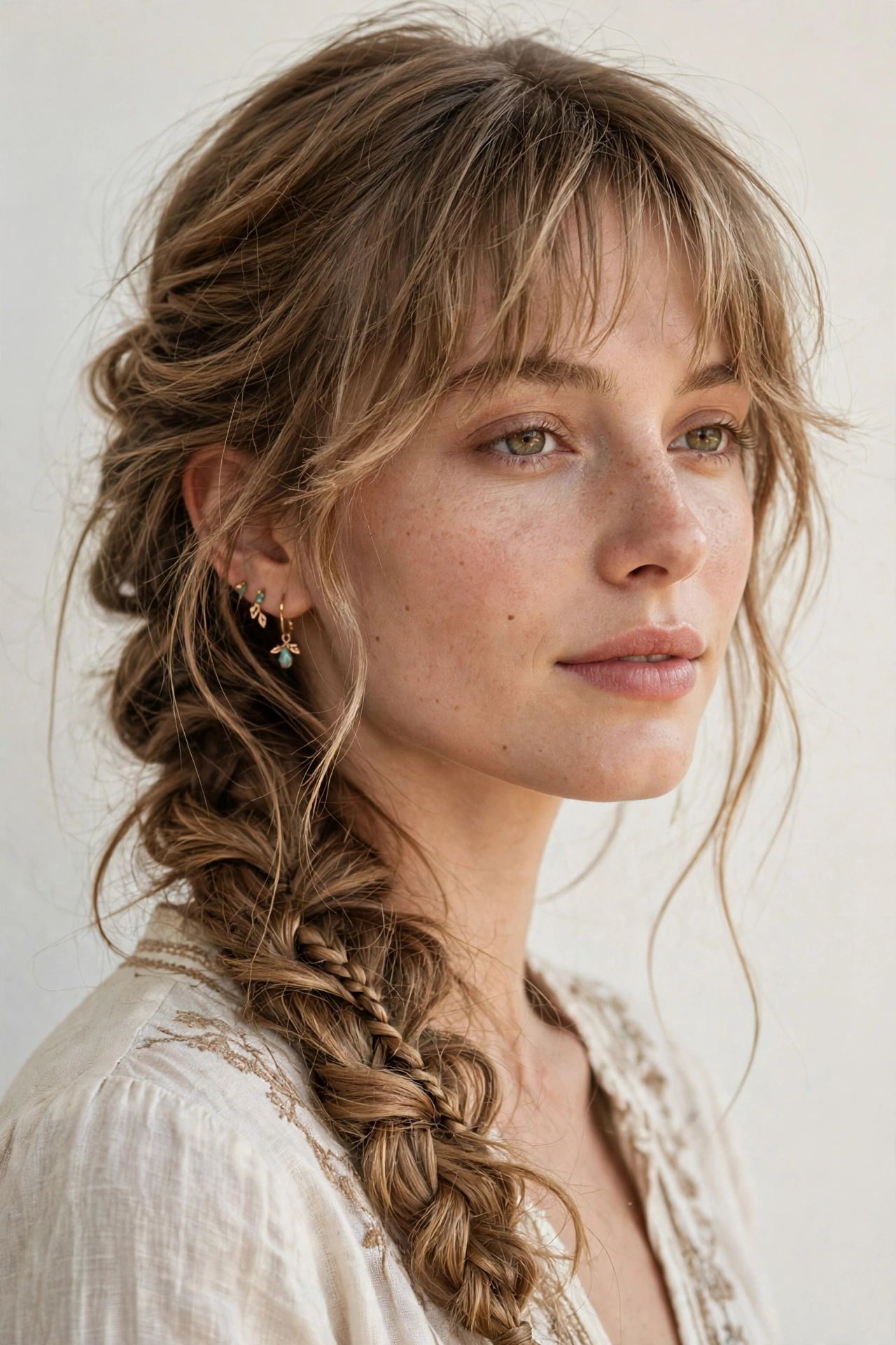 female model with braided hairstyle and wispy cloud bangs, bohemian style