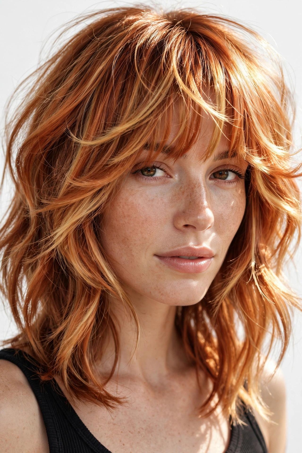 female model with copper balayage cloud bangs, dimensional color on wispy fringe