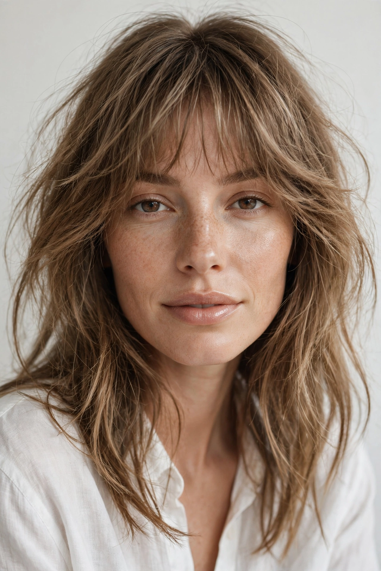female model with natural air-dried cloud bangs, no-heat styling, fresh minimal look