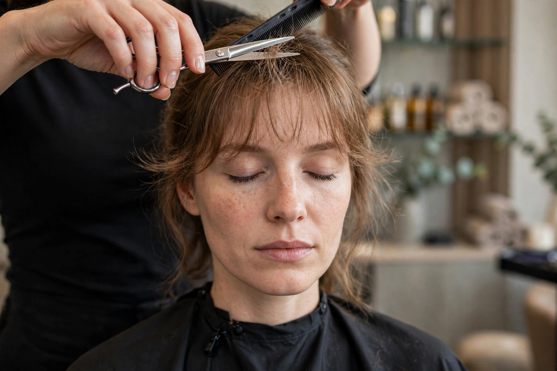 hairstylist trimming wispy bangs with scissors, fringe maintenance trim