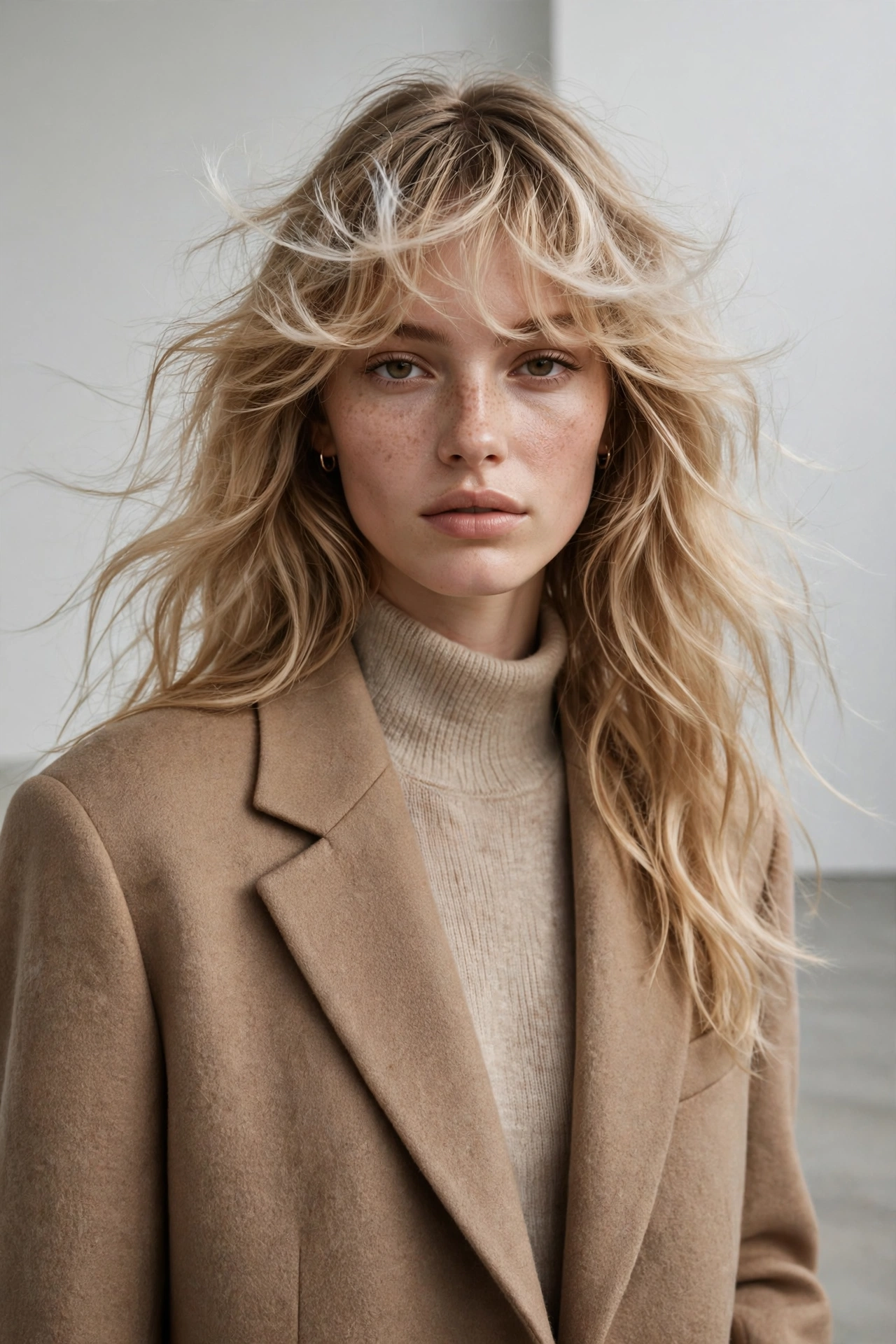 runway-inspired photo of model with cloud bangs, fall 2026 fashion editorial