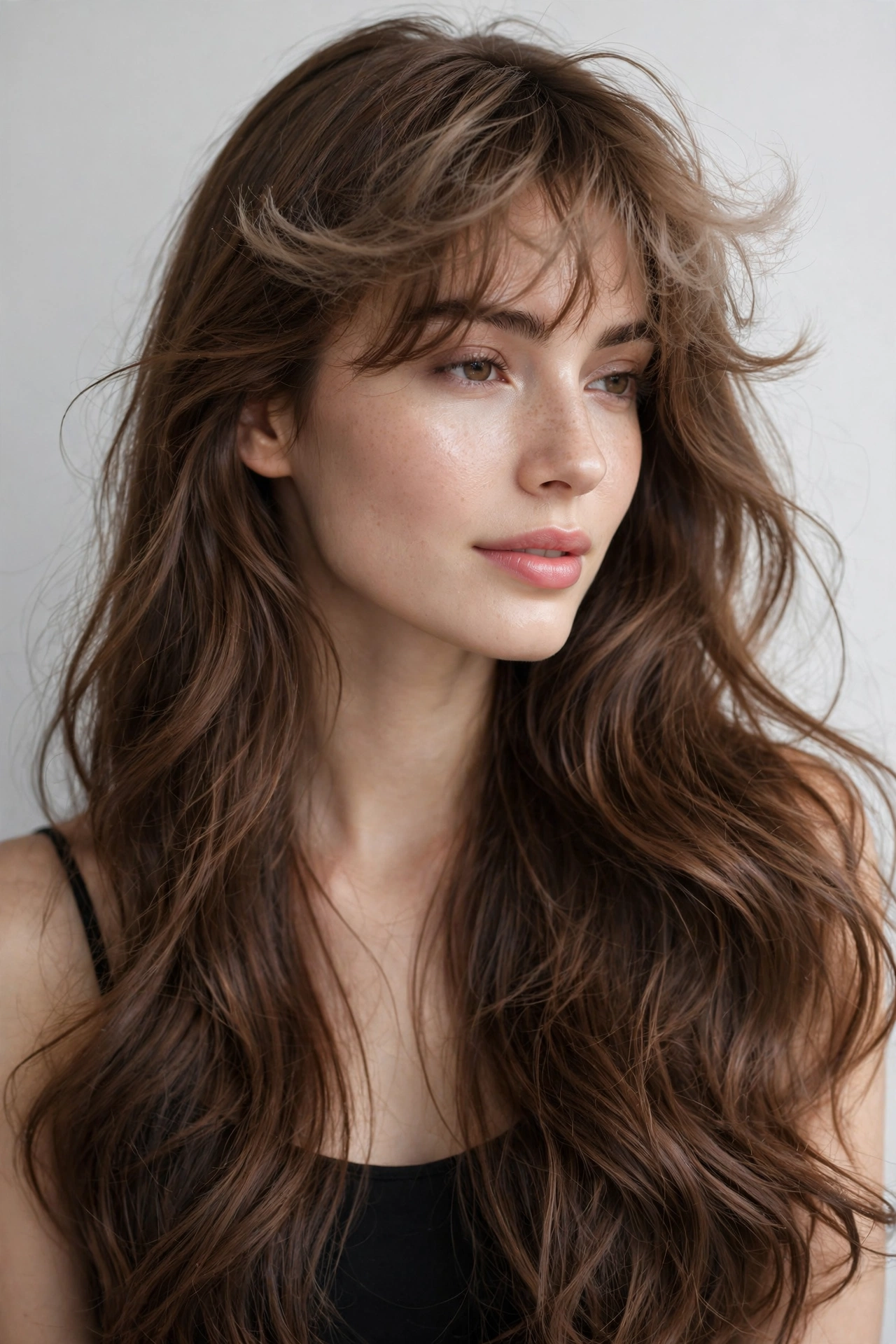 female model with cloud bangs, wispy airy fringe with visible forehead, premium salon photography