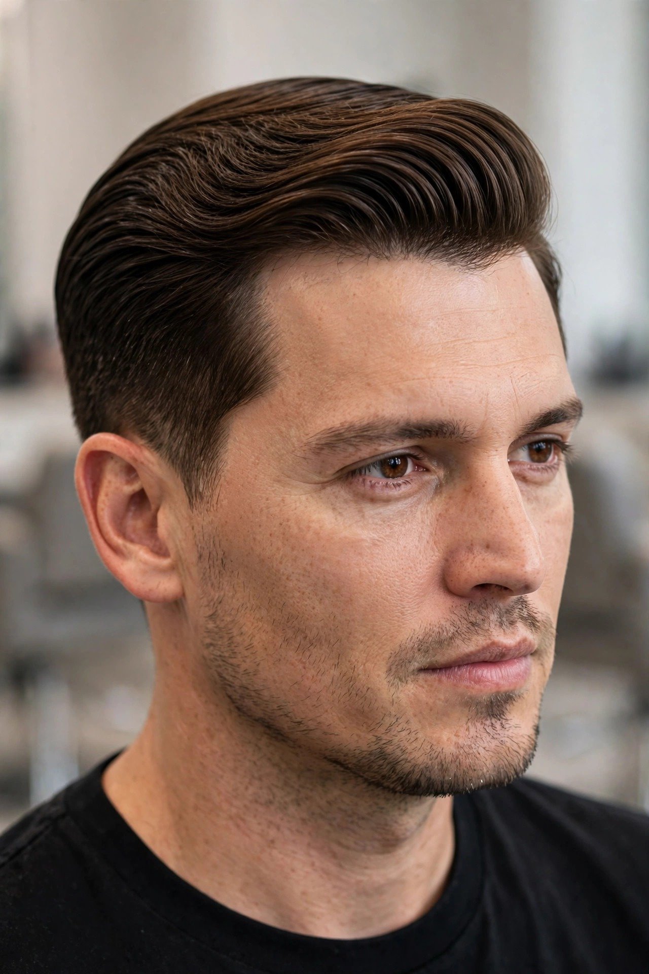 Classic comb over haircut on a man with neatly side-swept hair and tapered sides