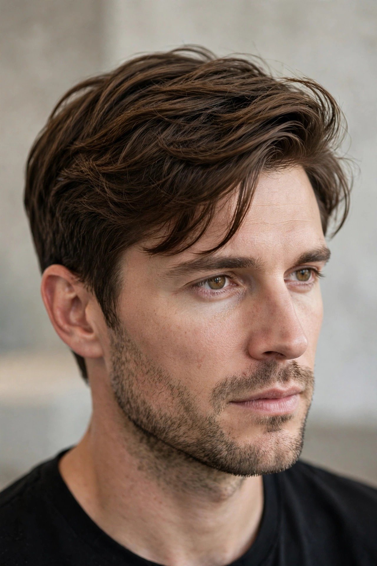 Modern textured comb over haircut with choppy layers and natural movement on top