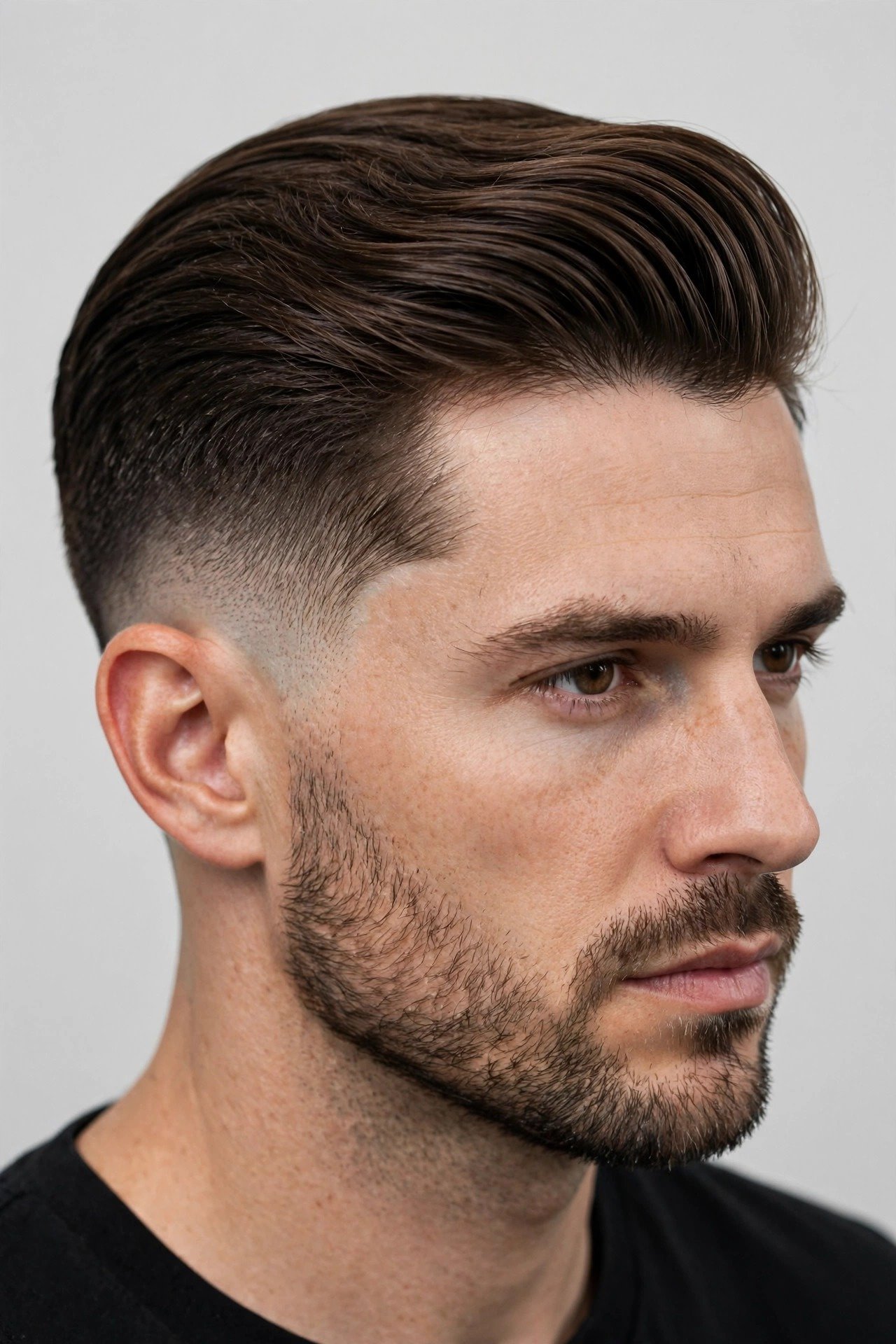 Comb over haircut with a low skin fade on the sides and neatly swept top