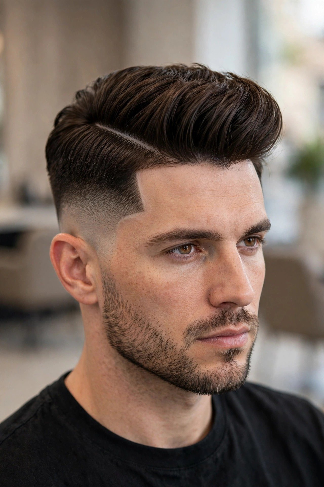 Bold comb over haircut with a high skin fade and defined side part