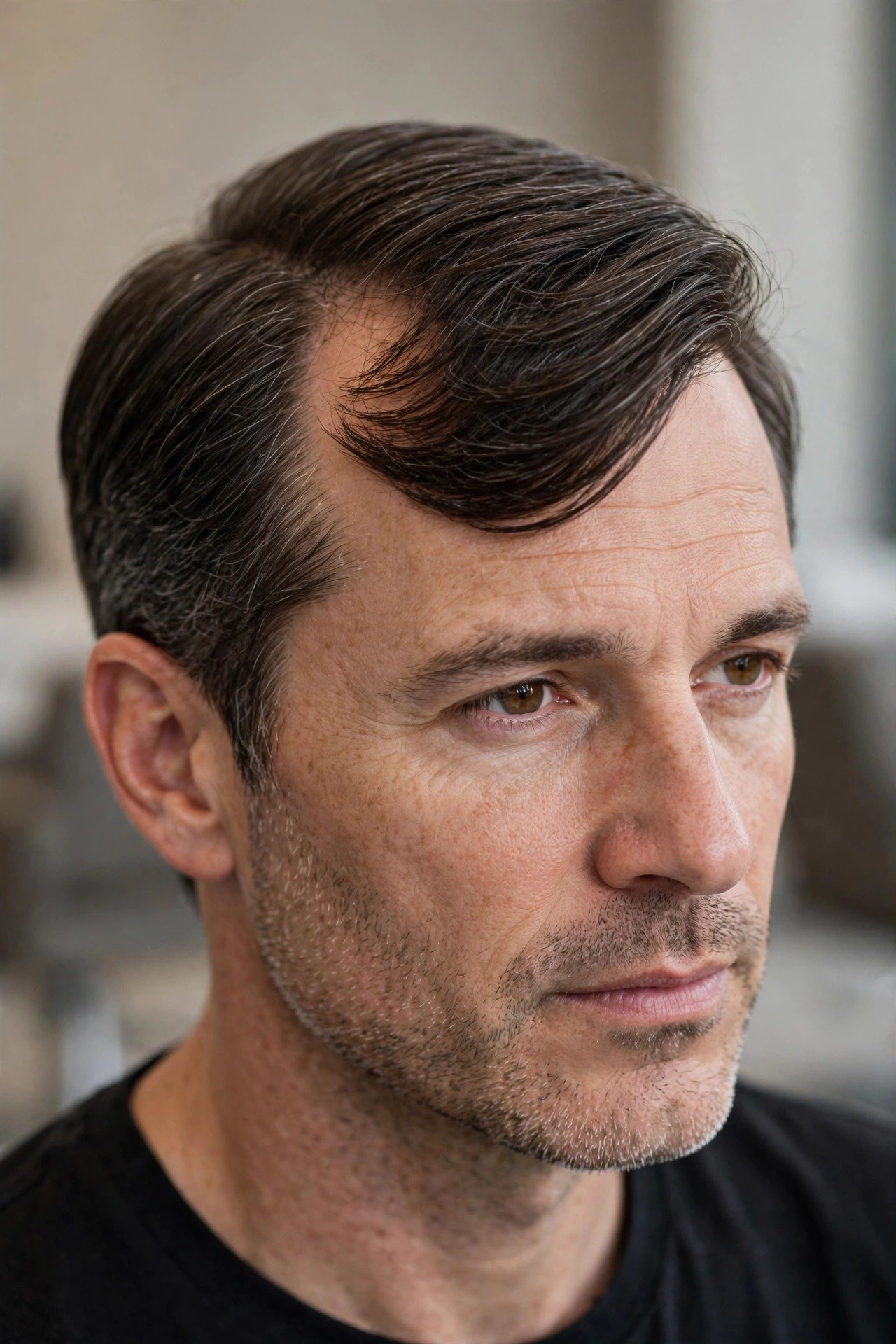 Comb over haircut styled to complement a receding hairline with forward sweep