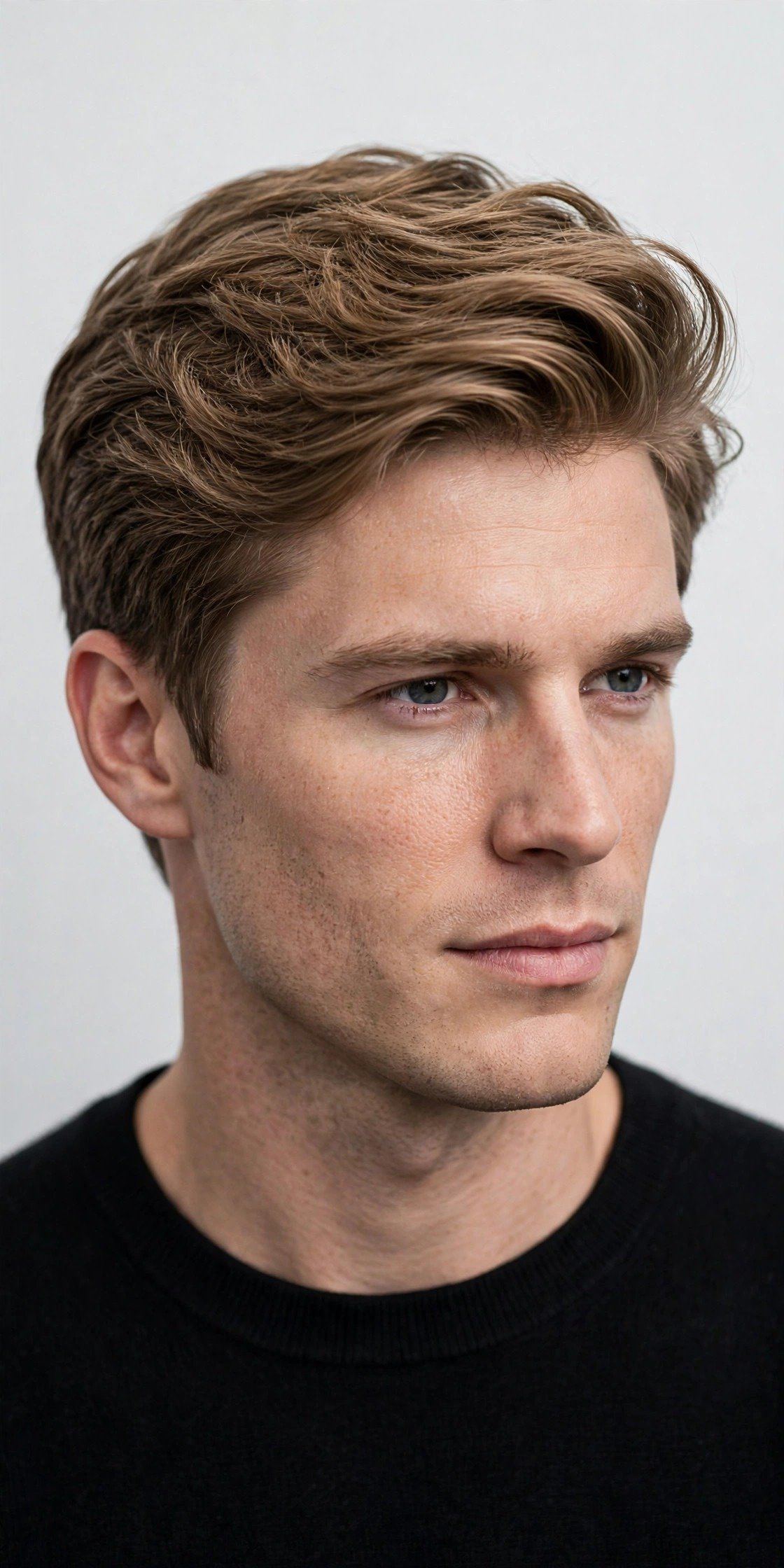 Comb over haircut on fine hair with textured layers creating fuller appearance