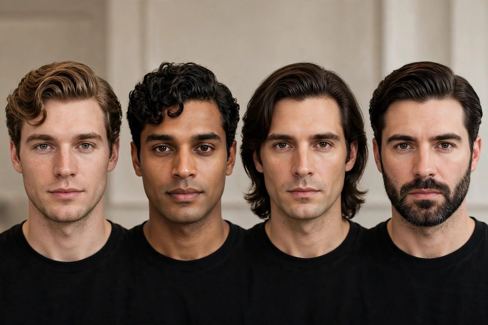 Four comb over haircut variations for men including wavy, curly, long and beard-paired styles