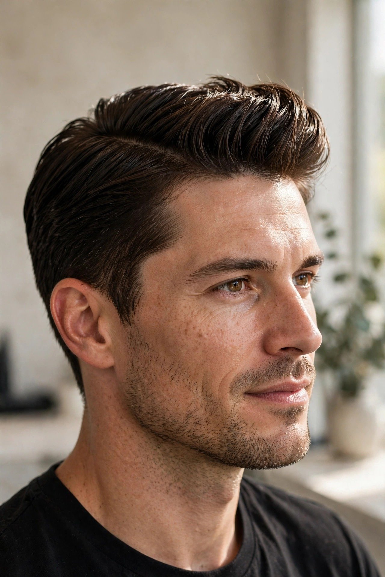 Confident man with a sharp modern comb over haircut in natural light